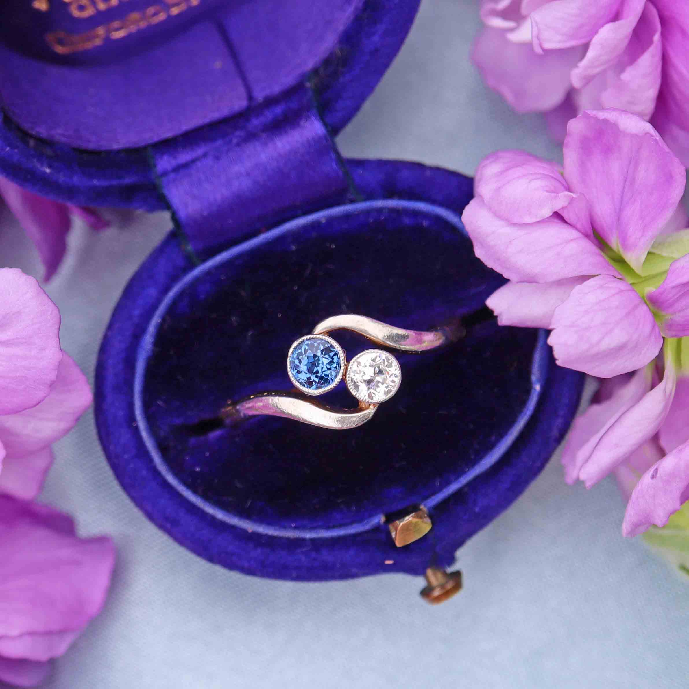 Ellibelle Jewellery Edwardian Sapphire & Diamond 18ct Gold Platinum 'Toi et Moi' Engagement Ring