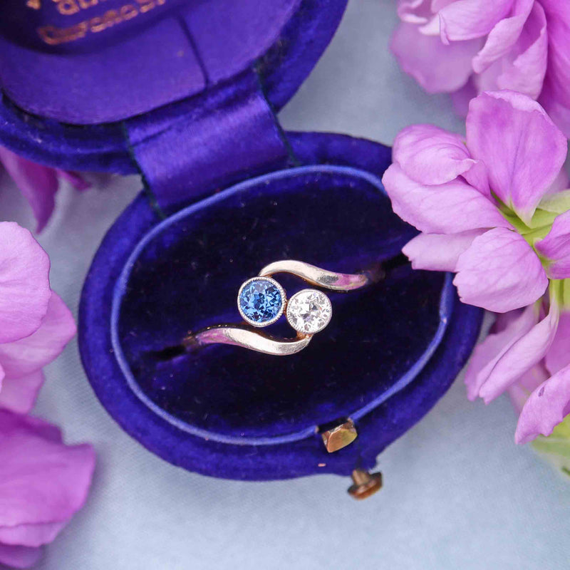 Ellibelle Jewellery Edwardian Sapphire & Diamond 18ct Gold Platinum 'Toi et Moi' Engagement Ring
