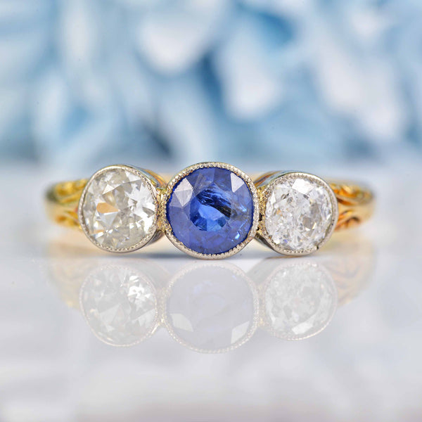 Ellibelle Jewellery Edwardian Sapphire & Diamond 18ct Gold Three-Stone Engagement Ring