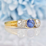 Ellibelle Jewellery Edwardian Sapphire & Diamond 18ct Gold Three-Stone Engagement Ring