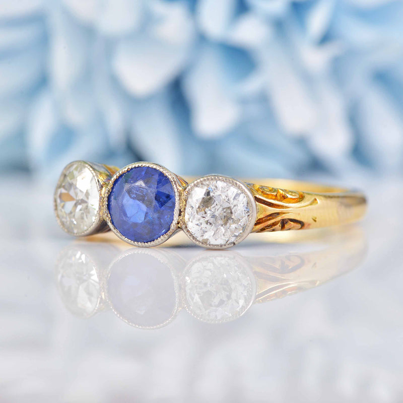 Ellibelle Jewellery Edwardian Sapphire & Diamond 18ct Gold Three-Stone Engagement Ring