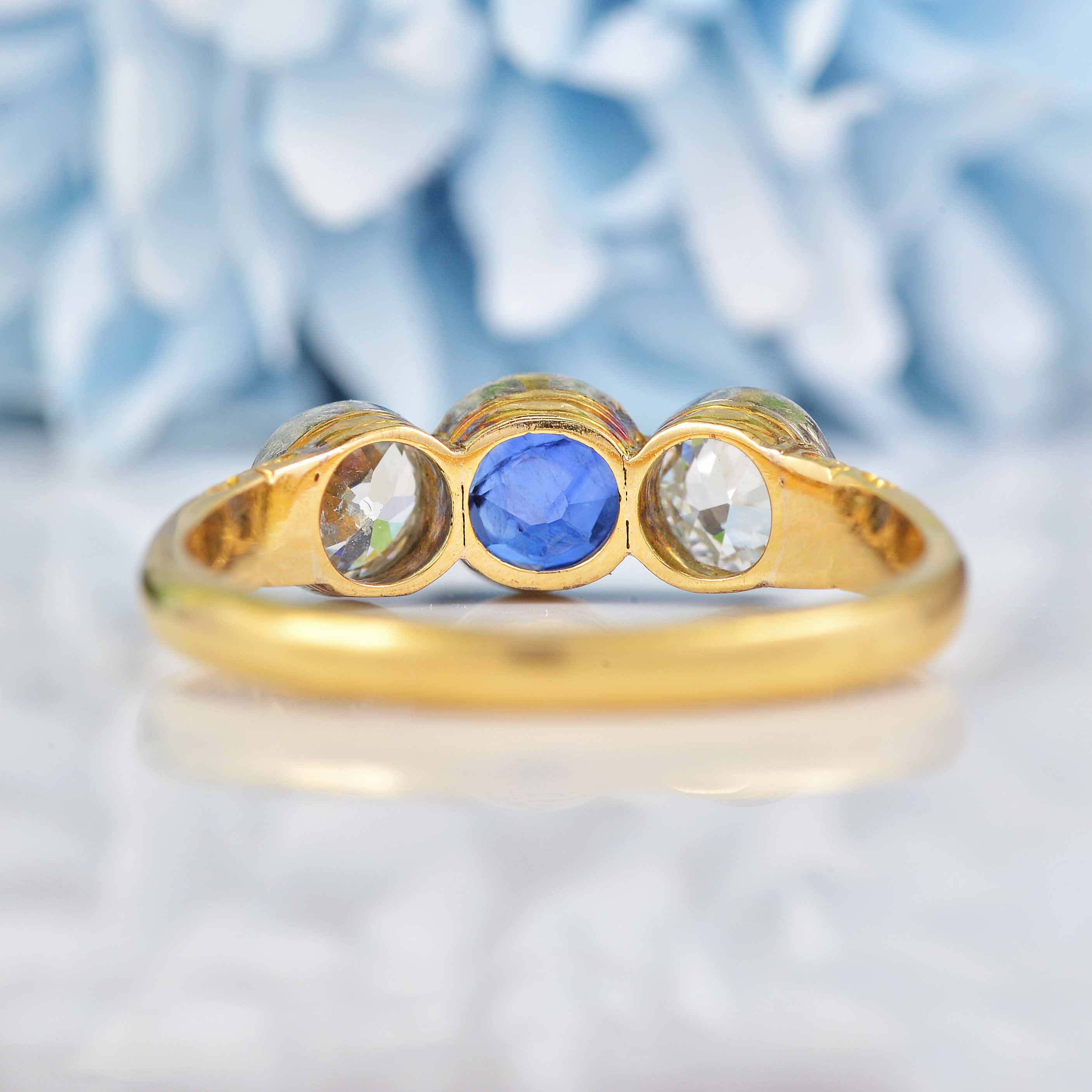 Ellibelle Jewellery Edwardian Sapphire & Diamond 18ct Gold Three-Stone Engagement Ring