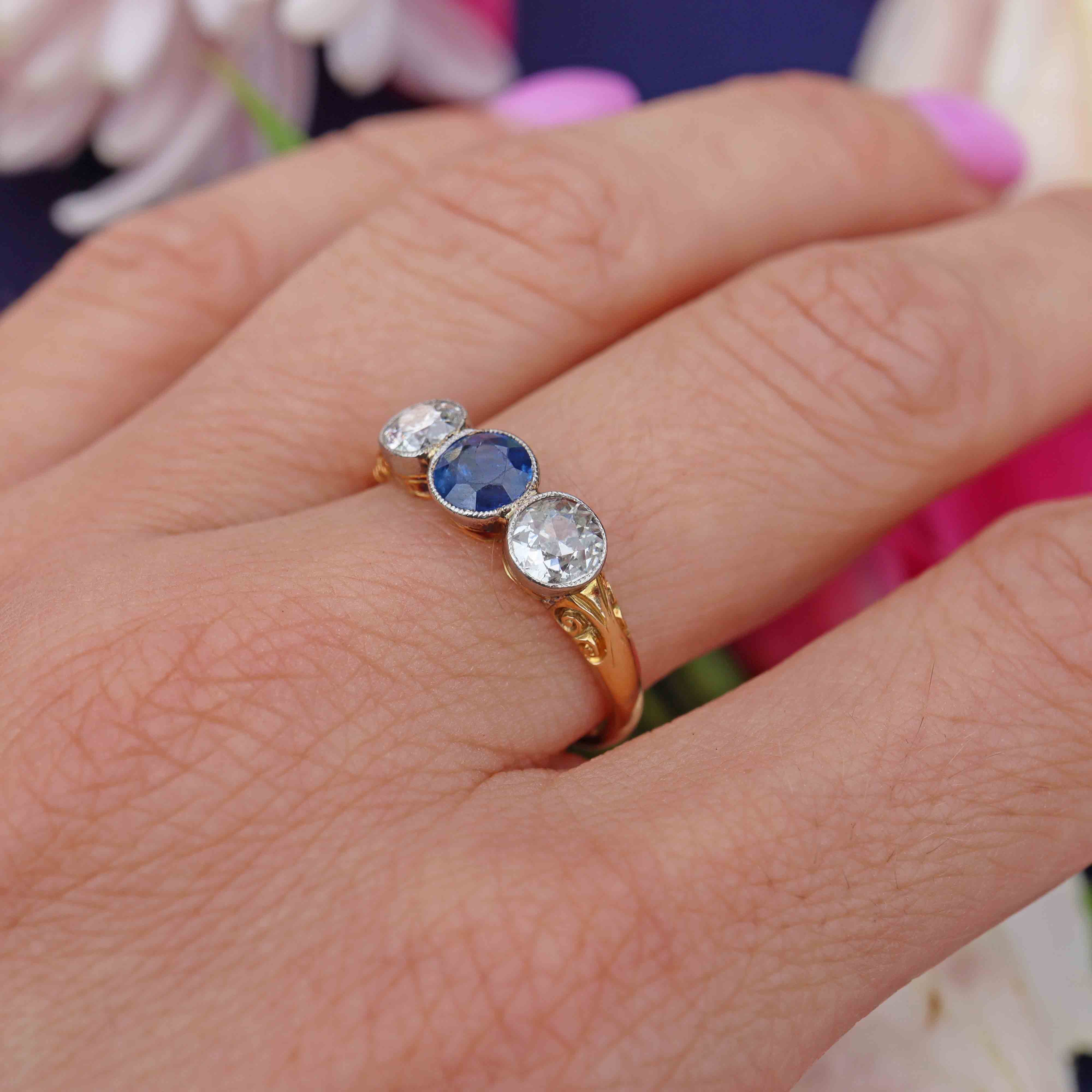 Ellibelle Jewellery Edwardian Sapphire & Diamond 18ct Gold Three-Stone Engagement Ring