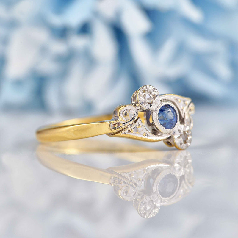 Ellibelle Jewellery Edwardian Sapphire & Diamond Gold Platinum Crossover Ring