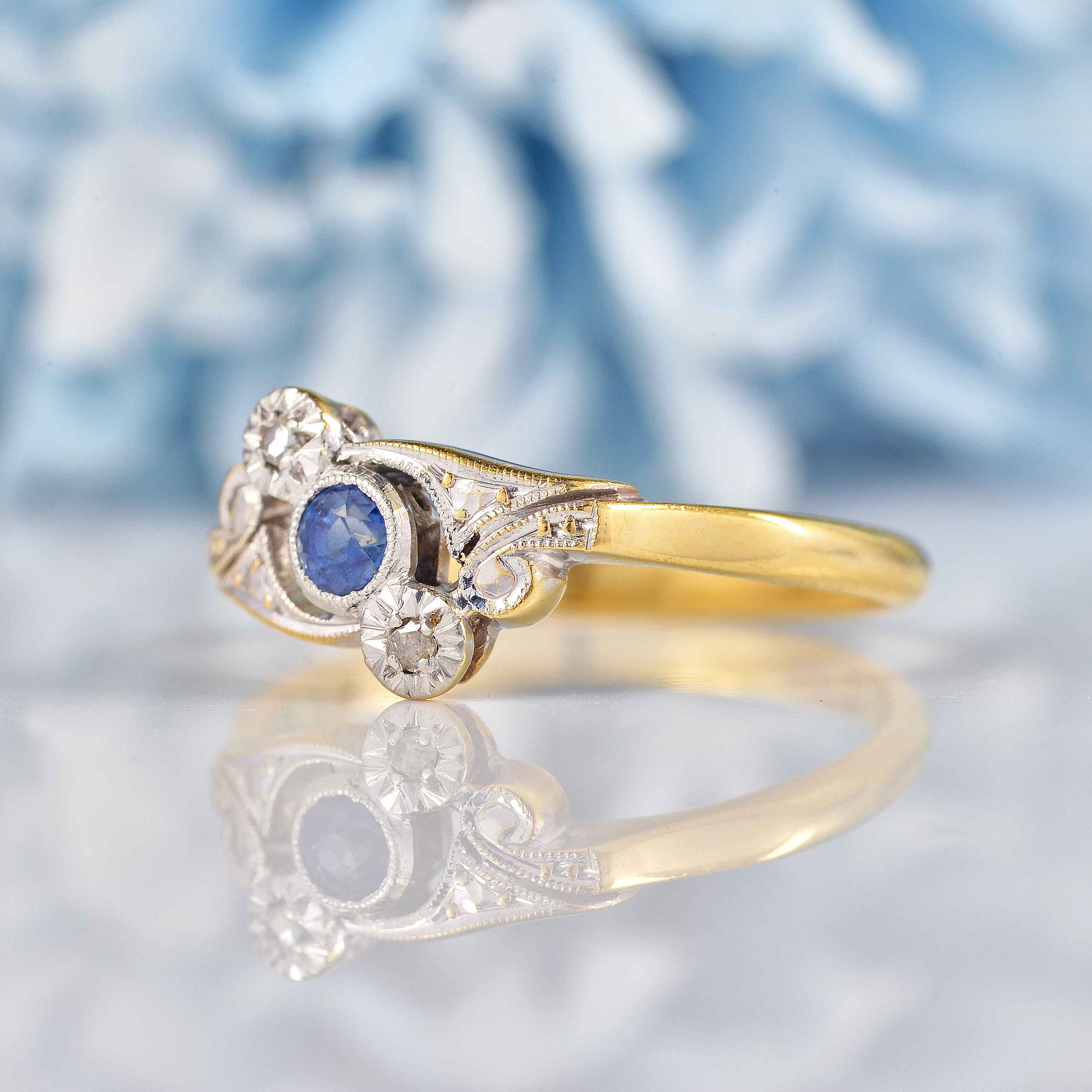 Ellibelle Jewellery Edwardian Sapphire & Diamond Gold Platinum Crossover Ring