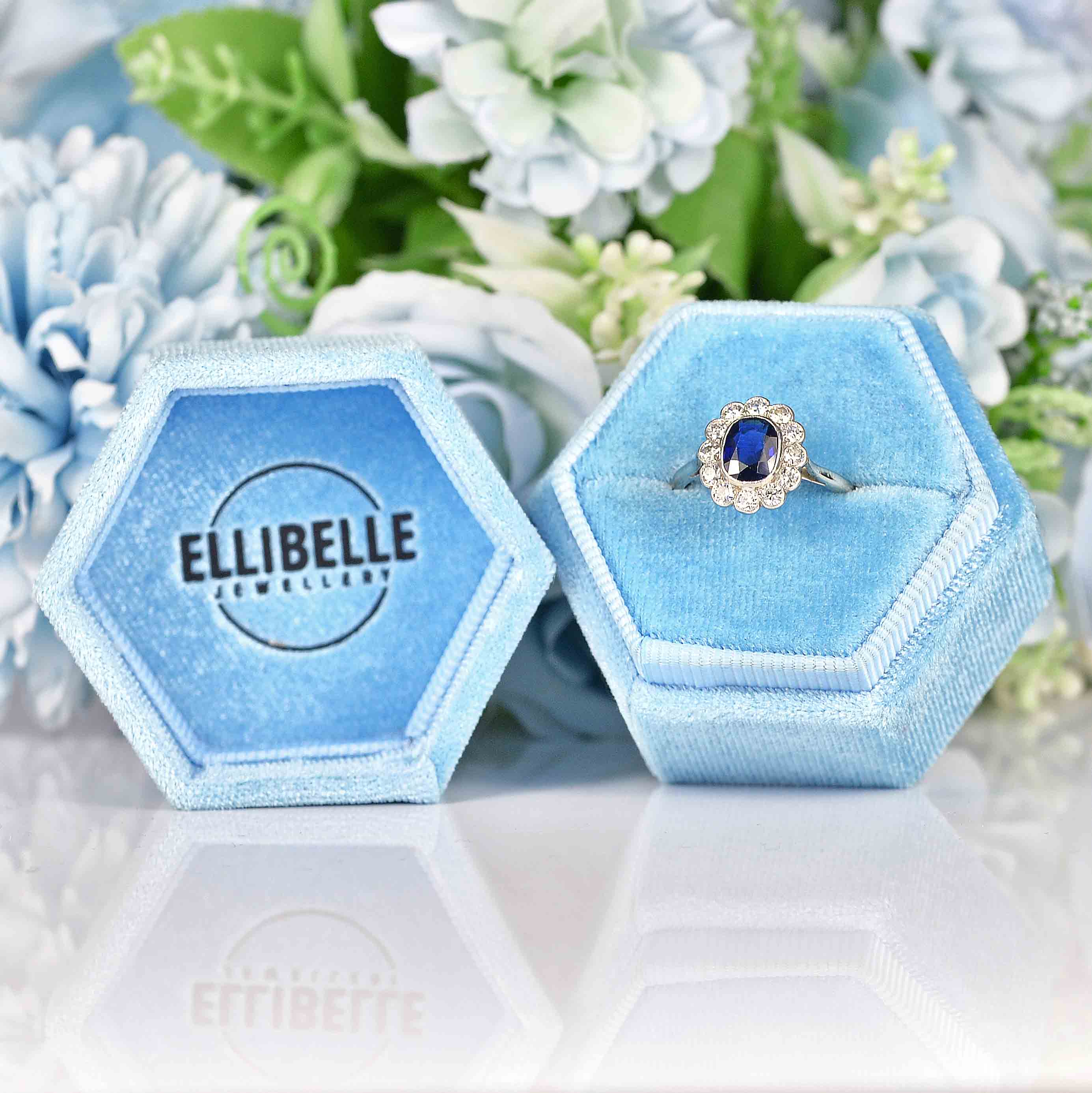 Ellibelle Jewellery Edwardian Sapphire & Diamond White Gold Platinum Cluster Ring