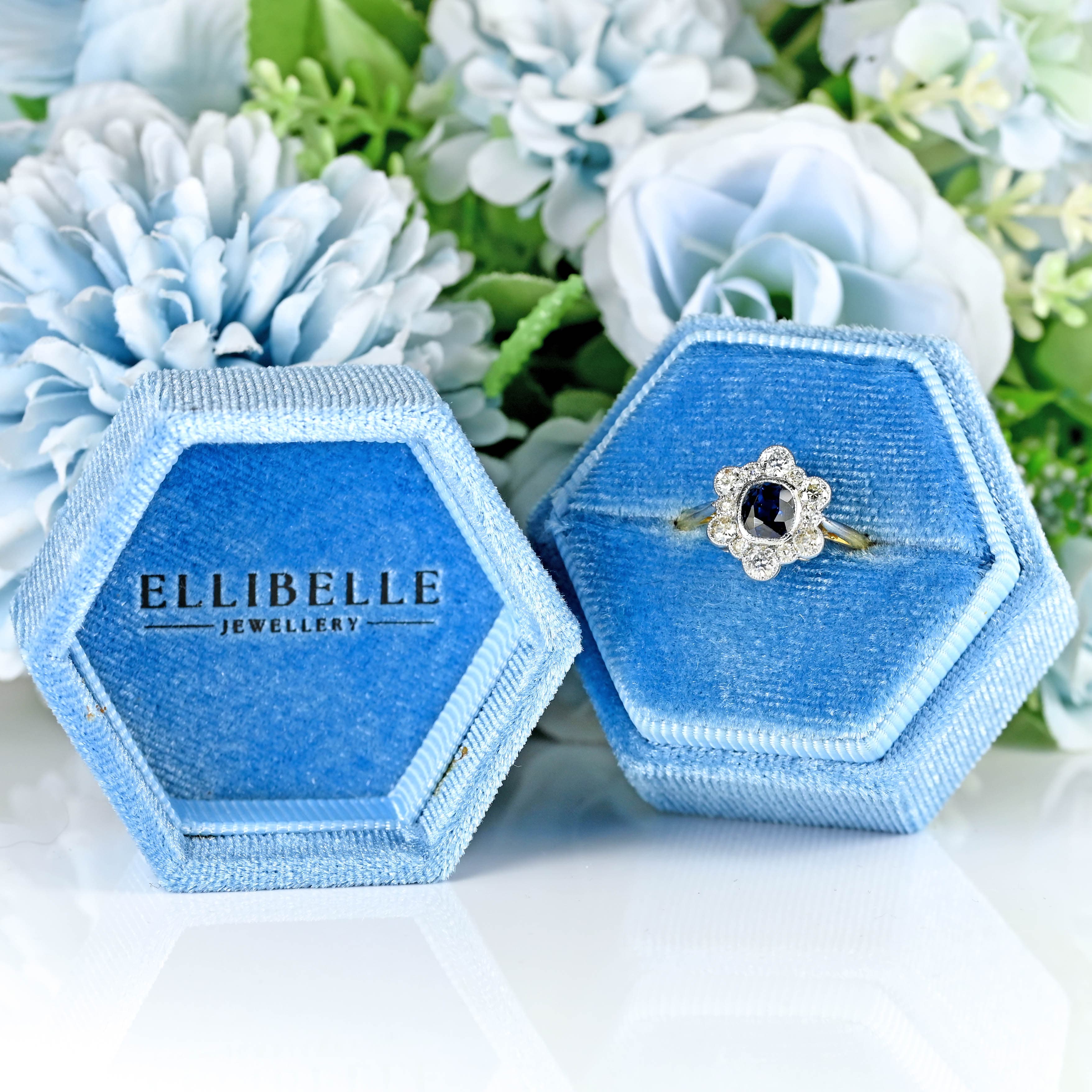 Ellibelle Jewellery Edwardian Sapphire & Old-Cut Diamond 18ct Gold Platinum Cluster Ring