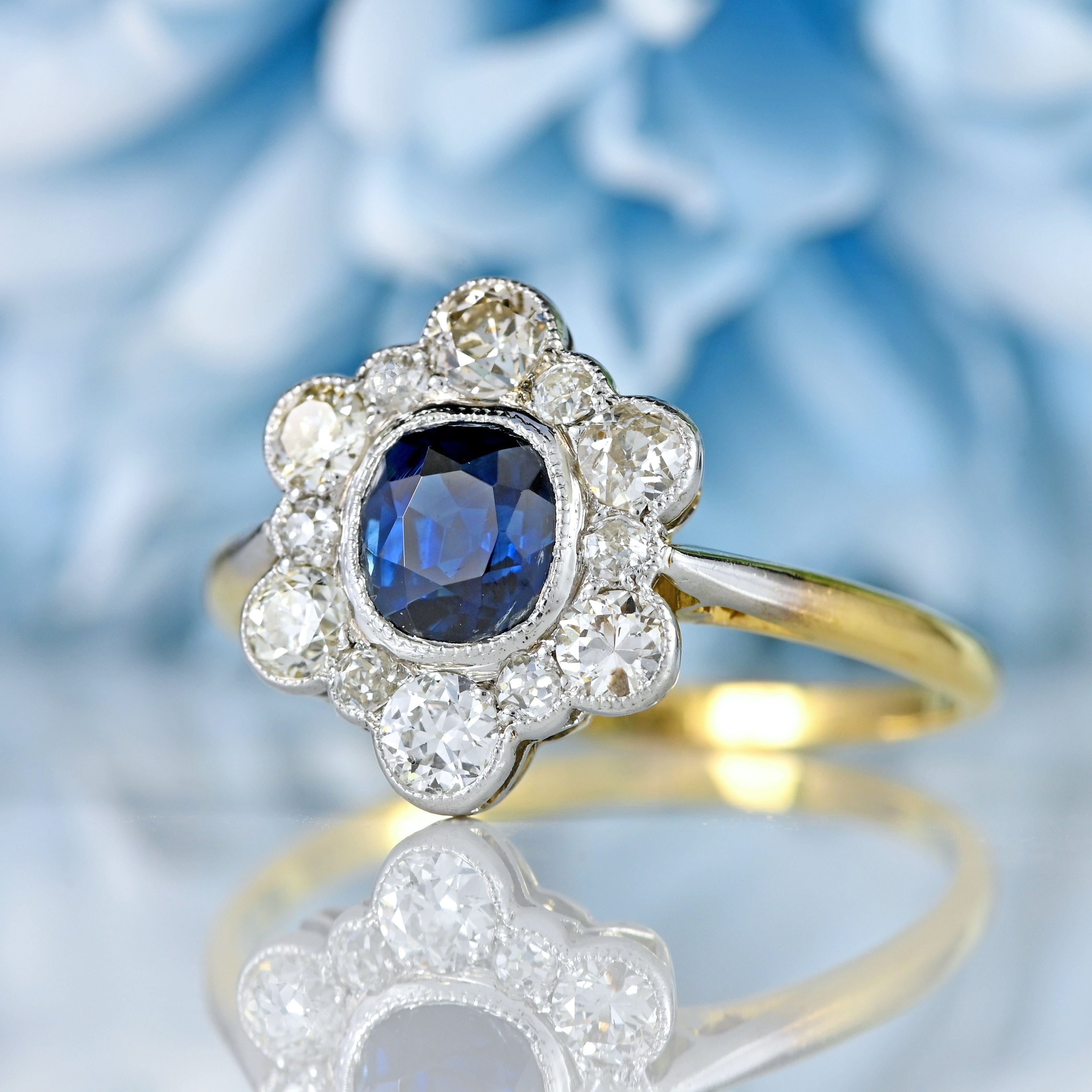 Ellibelle Jewellery Edwardian Sapphire & Old-Cut Diamond 18ct Gold Platinum Cluster Ring