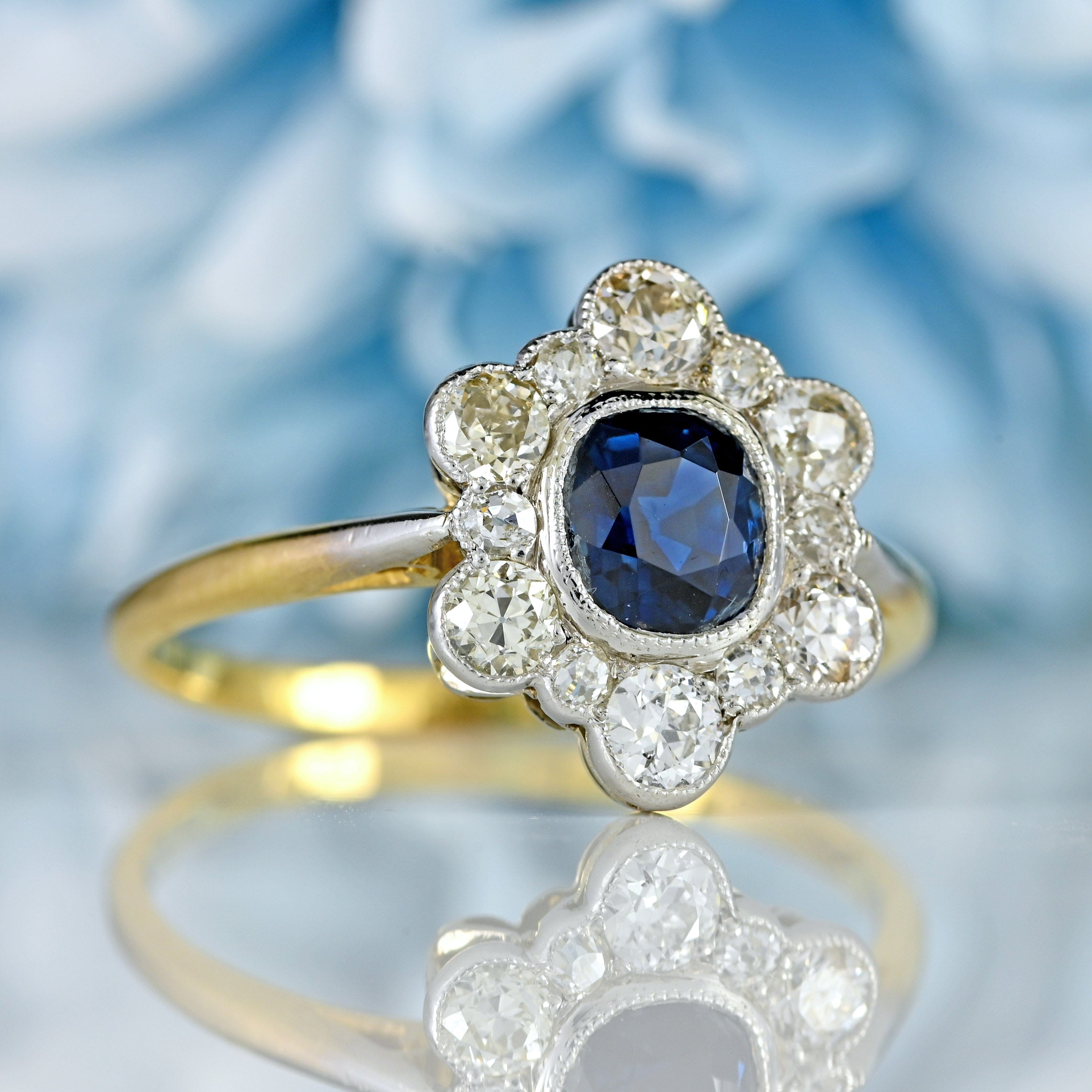 Ellibelle Jewellery Edwardian Sapphire & Old-Cut Diamond 18ct Gold Platinum Cluster Ring