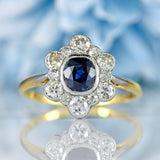 Ellibelle Jewellery Edwardian Sapphire & Old-Cut Diamond 18ct Gold Platinum Cluster Ring