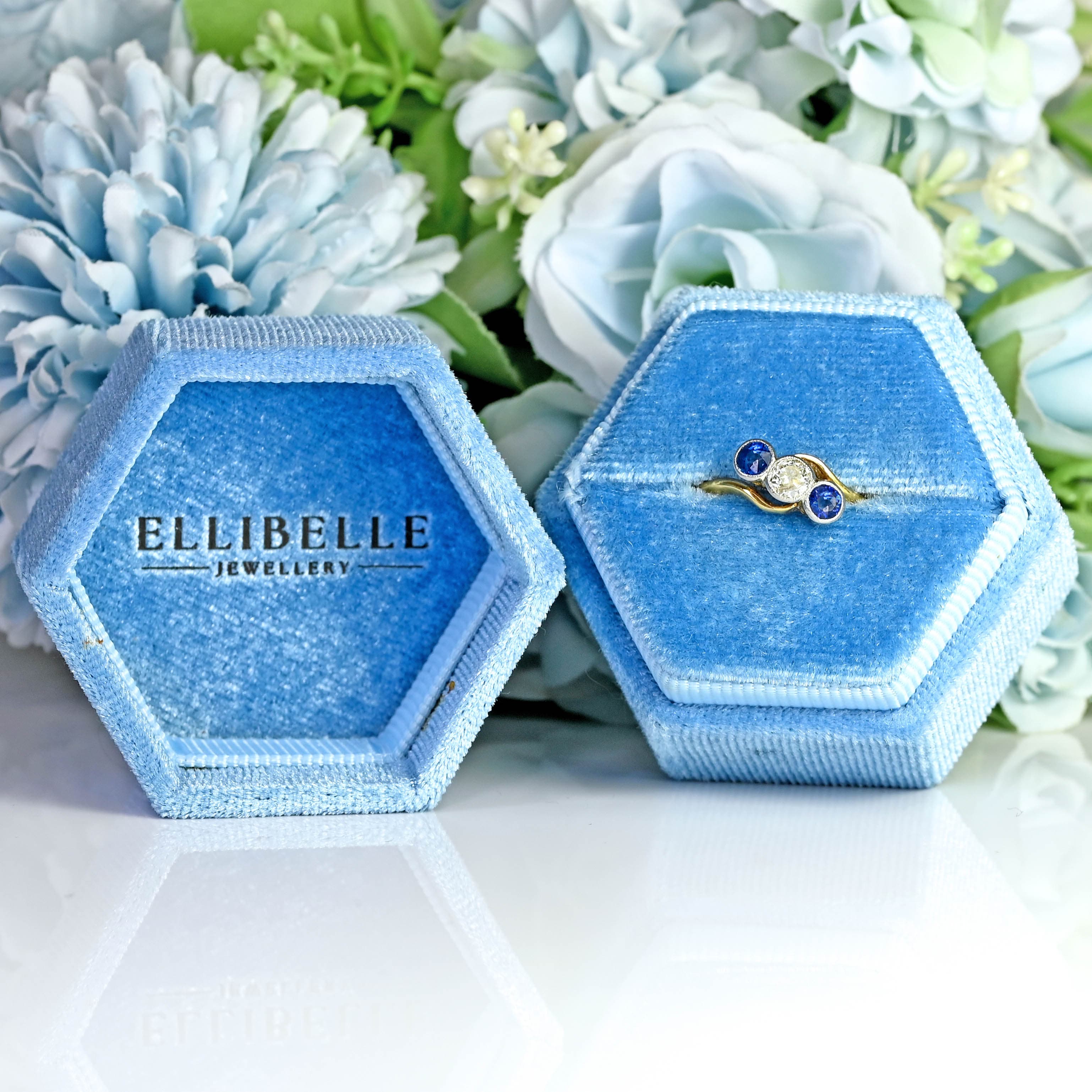 Ellibelle Jewellery Edwardian Sapphire & Old-Cut Diamond 18ct Gold Three-Stone Crossover Ring