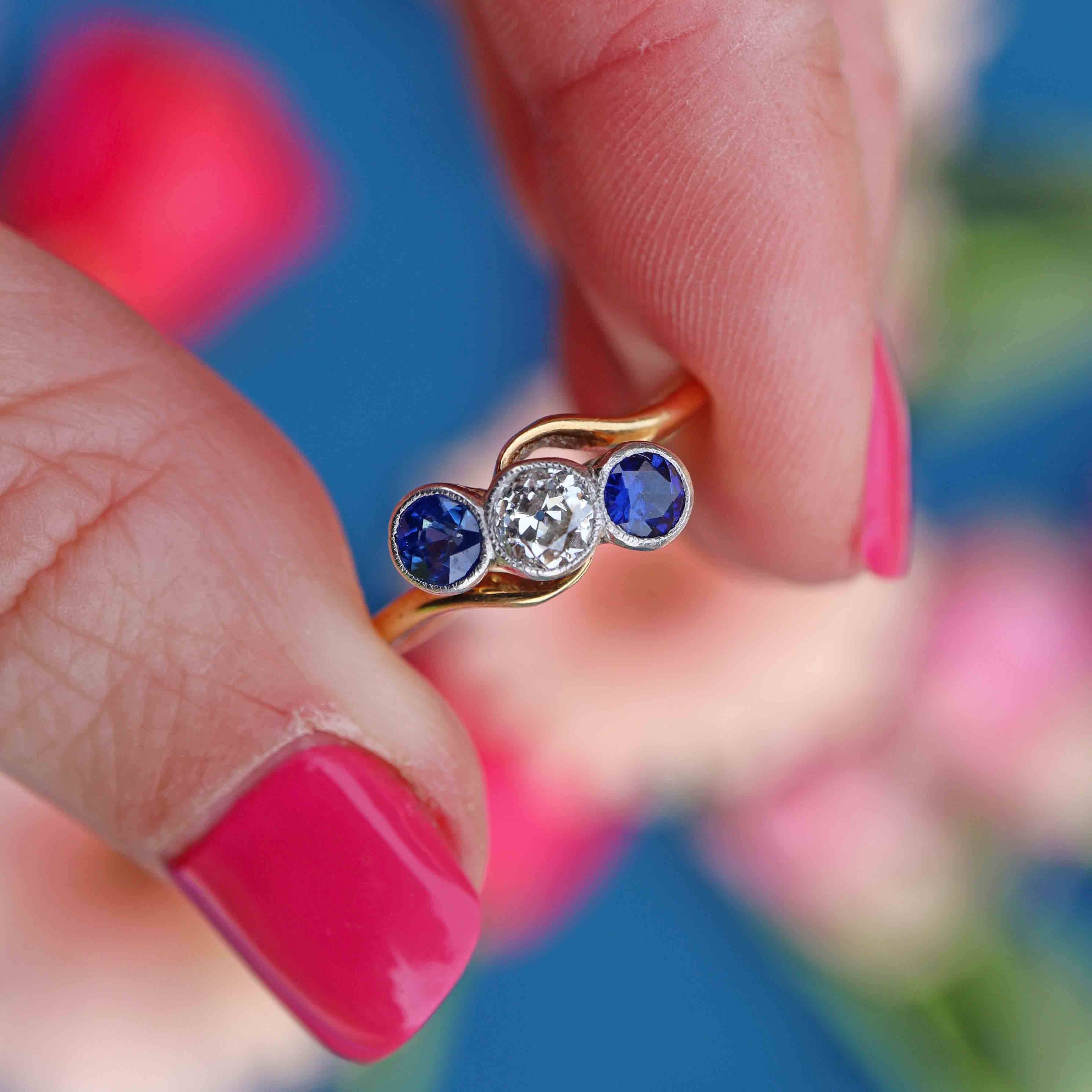 Ellibelle Jewellery Edwardian Sapphire & Old-Cut Diamond 18ct Gold Three-Stone Crossover Ring