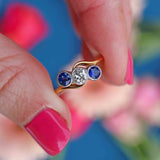 Ellibelle Jewellery Edwardian Sapphire & Old-Cut Diamond 18ct Gold Three-Stone Crossover Ring