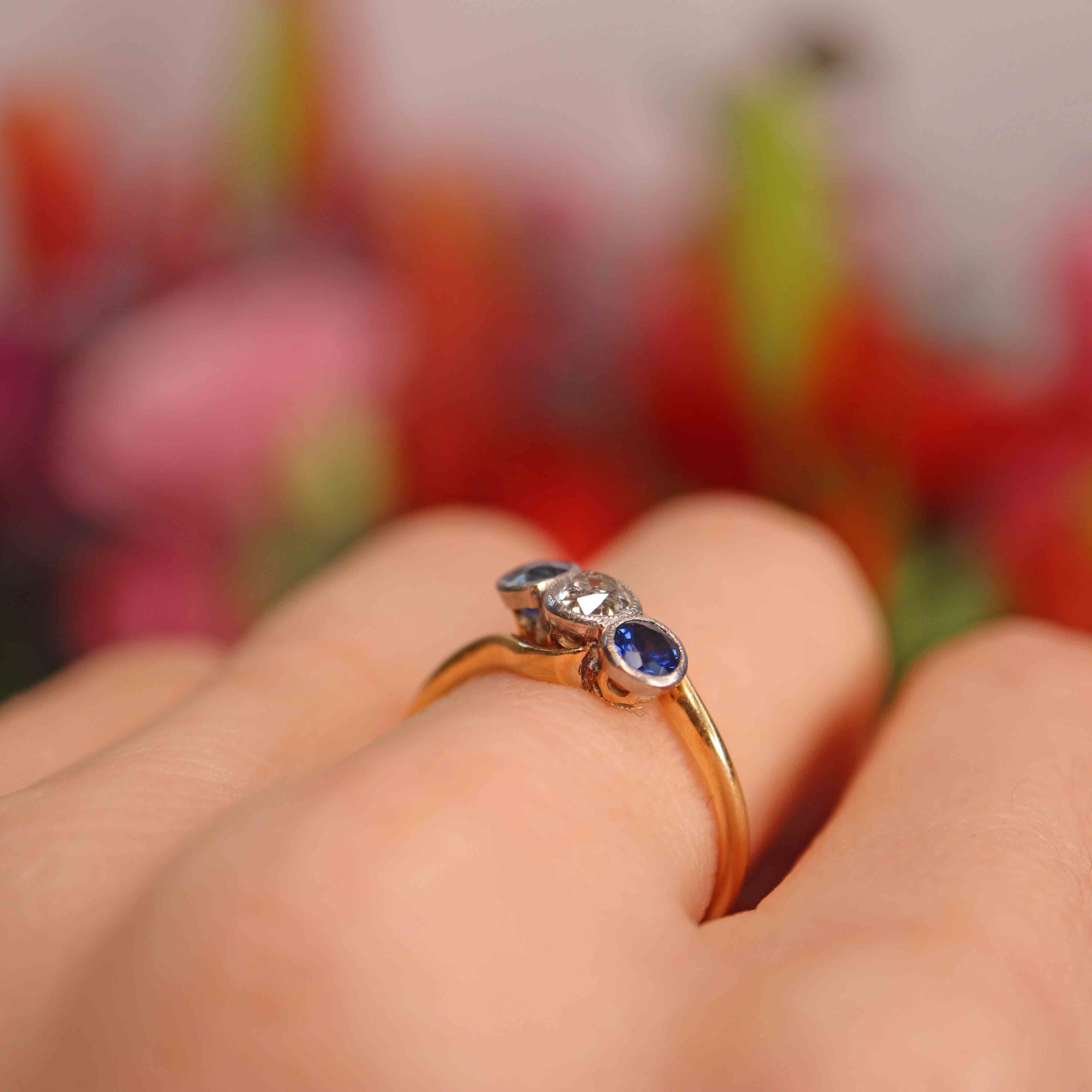 Ellibelle Jewellery Edwardian Sapphire & Old-Cut Diamond 18ct Gold Three-Stone Crossover Ring