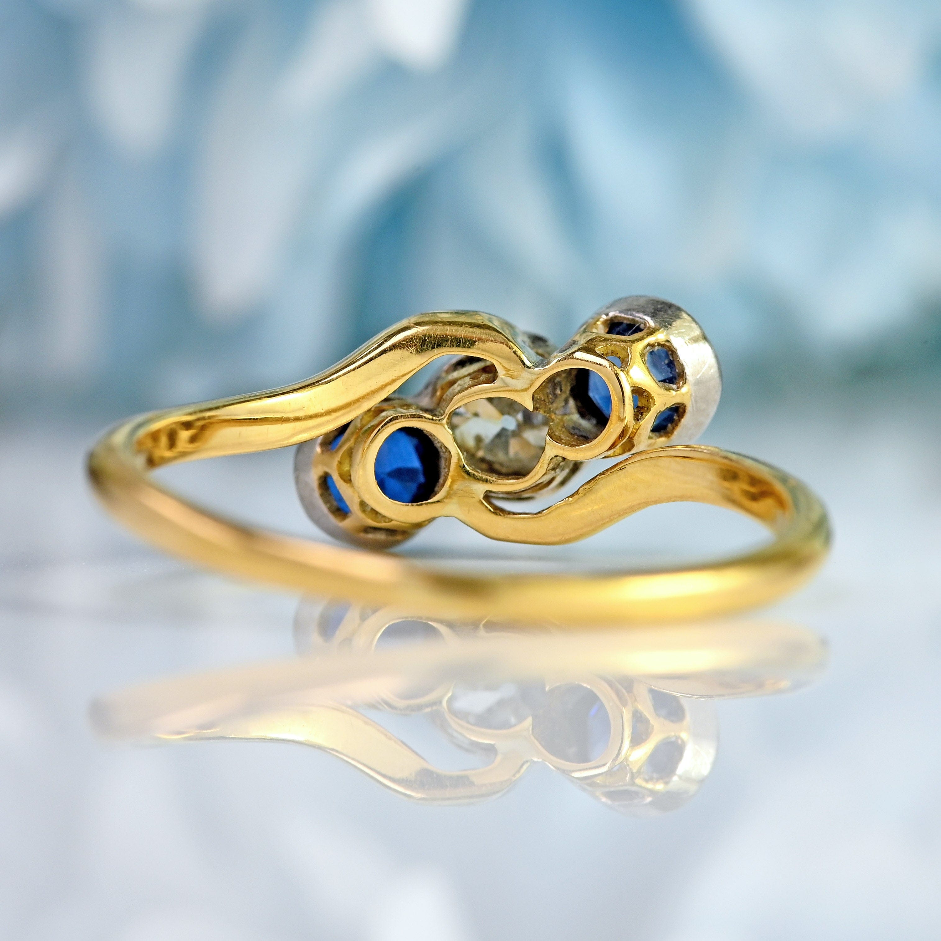 Ellibelle Jewellery Edwardian Sapphire & Old-Cut Diamond 18ct Gold Three-Stone Crossover Ring