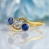 Ellibelle Jewellery Edwardian Sapphire & Old-Cut Diamond 18ct Gold Three-Stone Crossover Ring