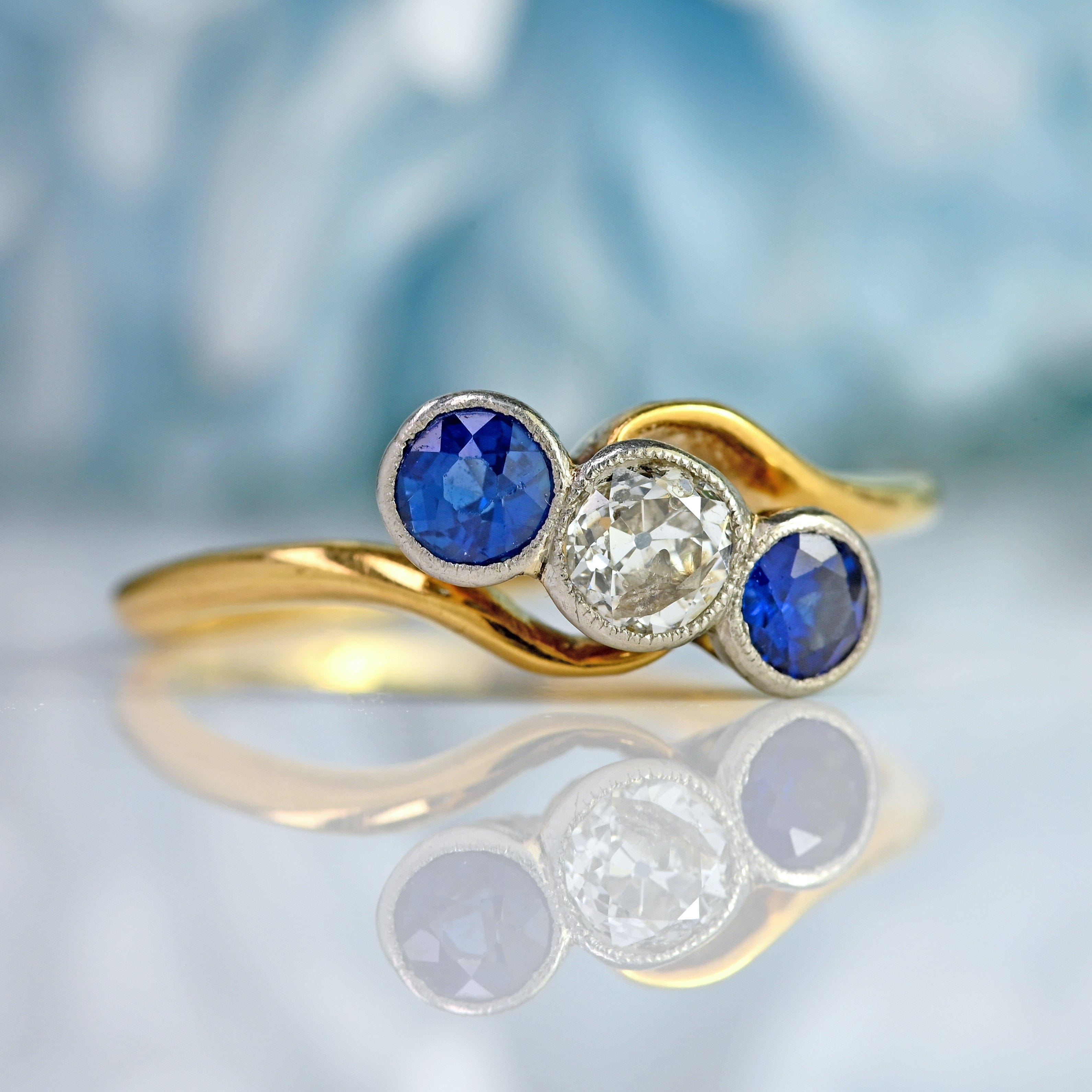 Ellibelle Jewellery Edwardian Sapphire & Old-Cut Diamond 18ct Gold Three-Stone Crossover Ring