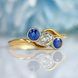 Ellibelle Jewellery Edwardian Sapphire & Old-Cut Diamond 18ct Gold Three-Stone Crossover Ring