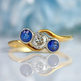 Ellibelle Jewellery Edwardian Sapphire & Old-Cut Diamond 18ct Gold Three-Stone Crossover Ring