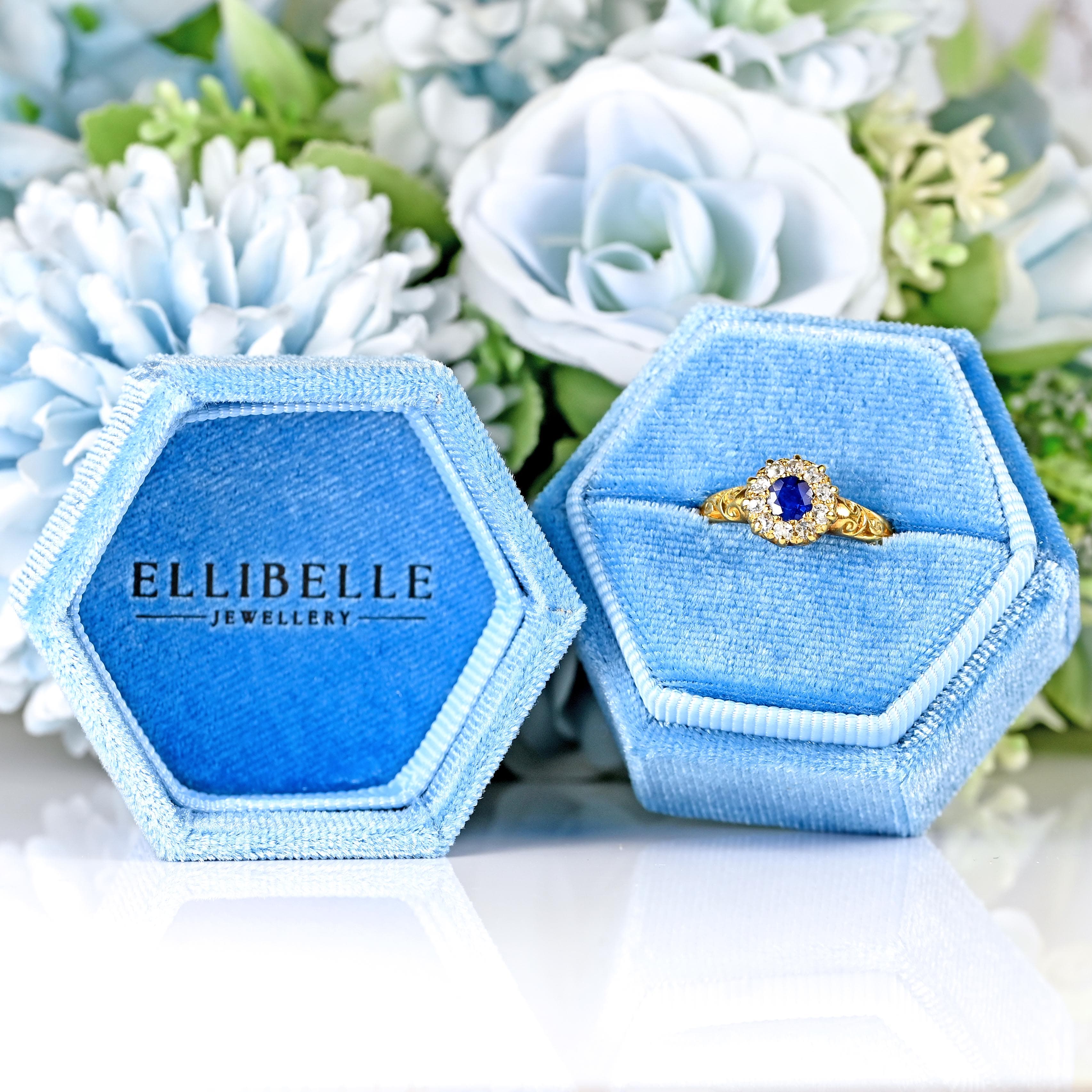 Ellibelle Jewellery Edwardian Sapphire & Old-Mine-Cut Diamond 18ct Gold Cluster Ring