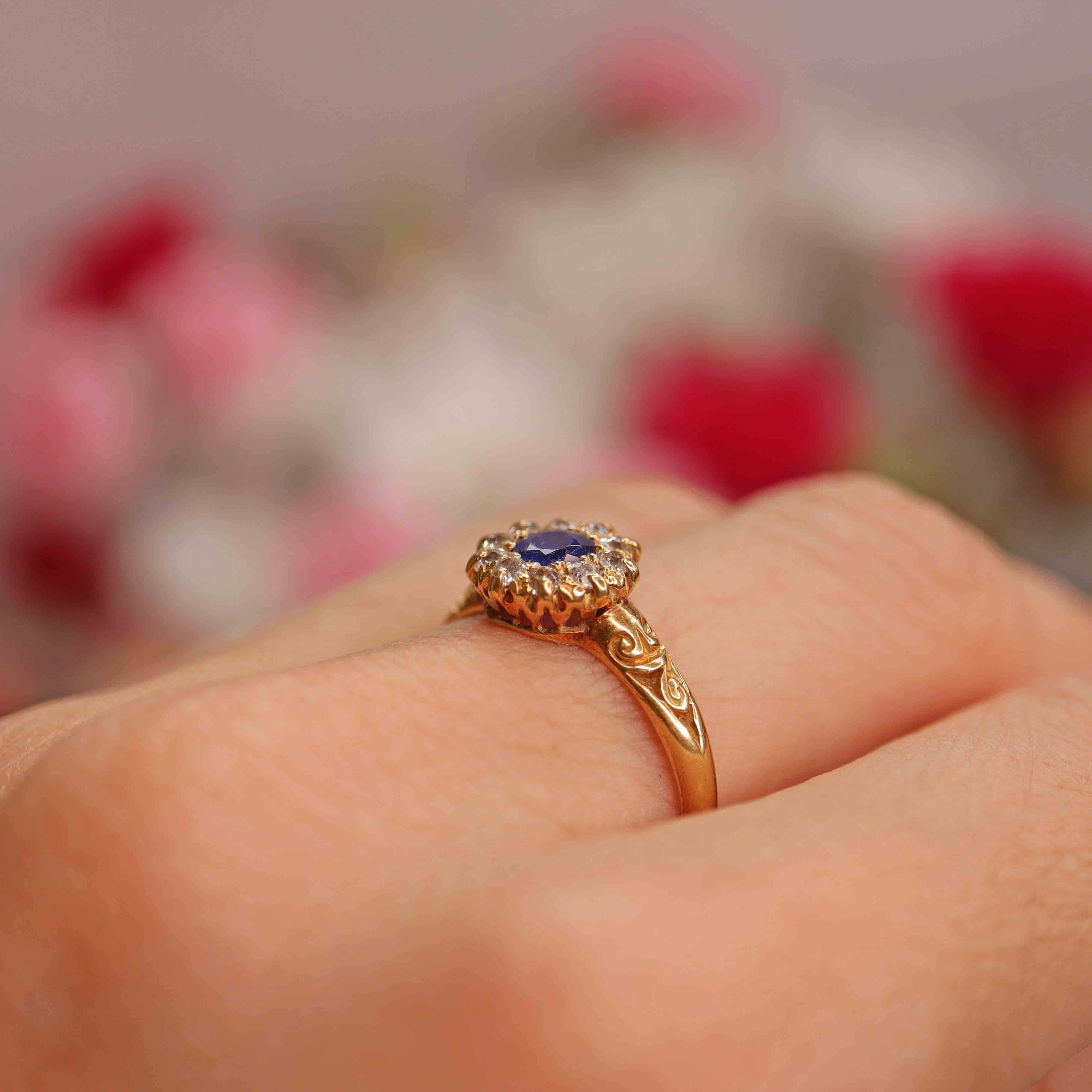 Ellibelle Jewellery Edwardian Sapphire & Old-Mine-Cut Diamond 18ct Gold Cluster Ring