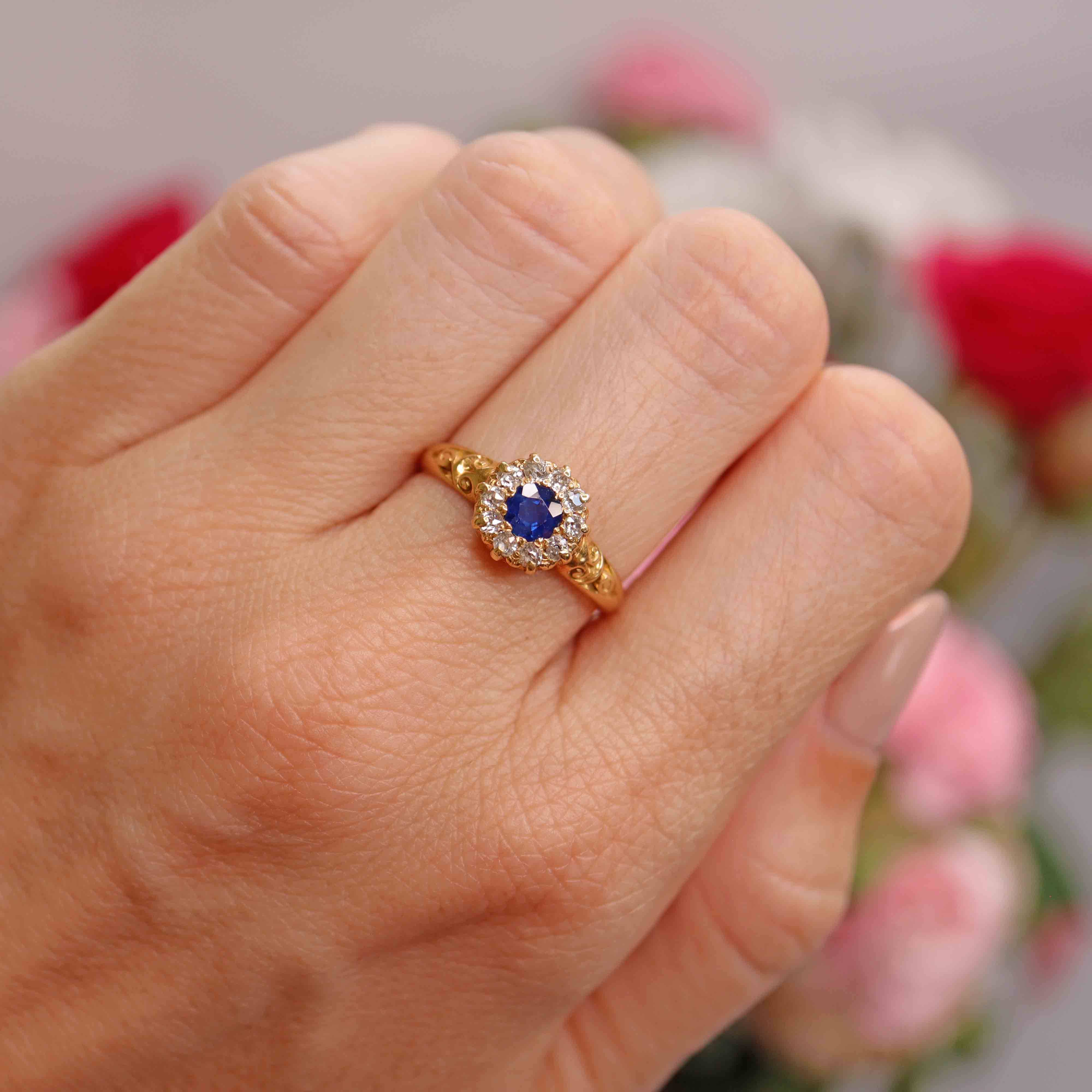 Ellibelle Jewellery Edwardian Sapphire & Old-Mine-Cut Diamond 18ct Gold Cluster Ring