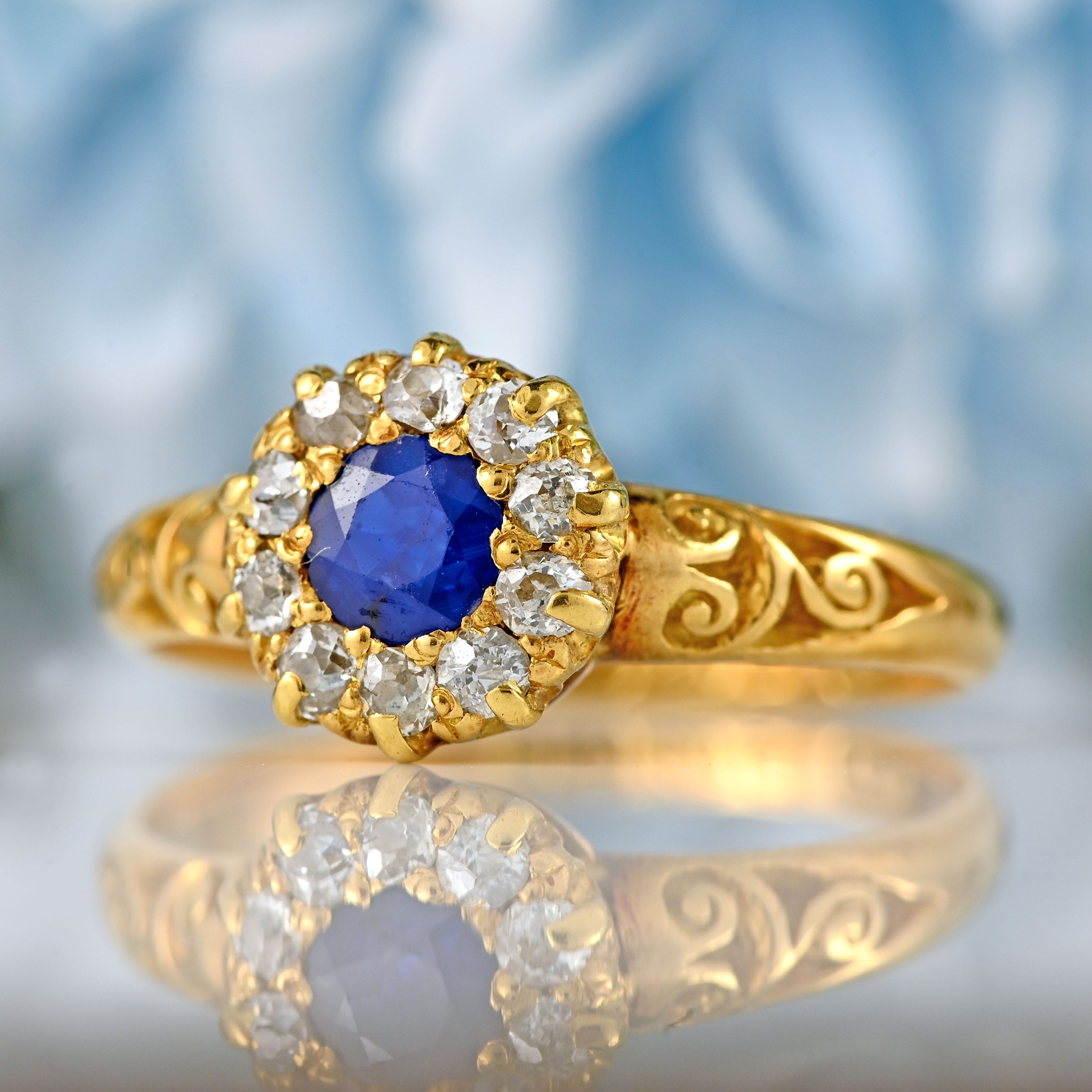 Ellibelle Jewellery Edwardian Sapphire & Old-Mine-Cut Diamond 18ct Gold Cluster Ring