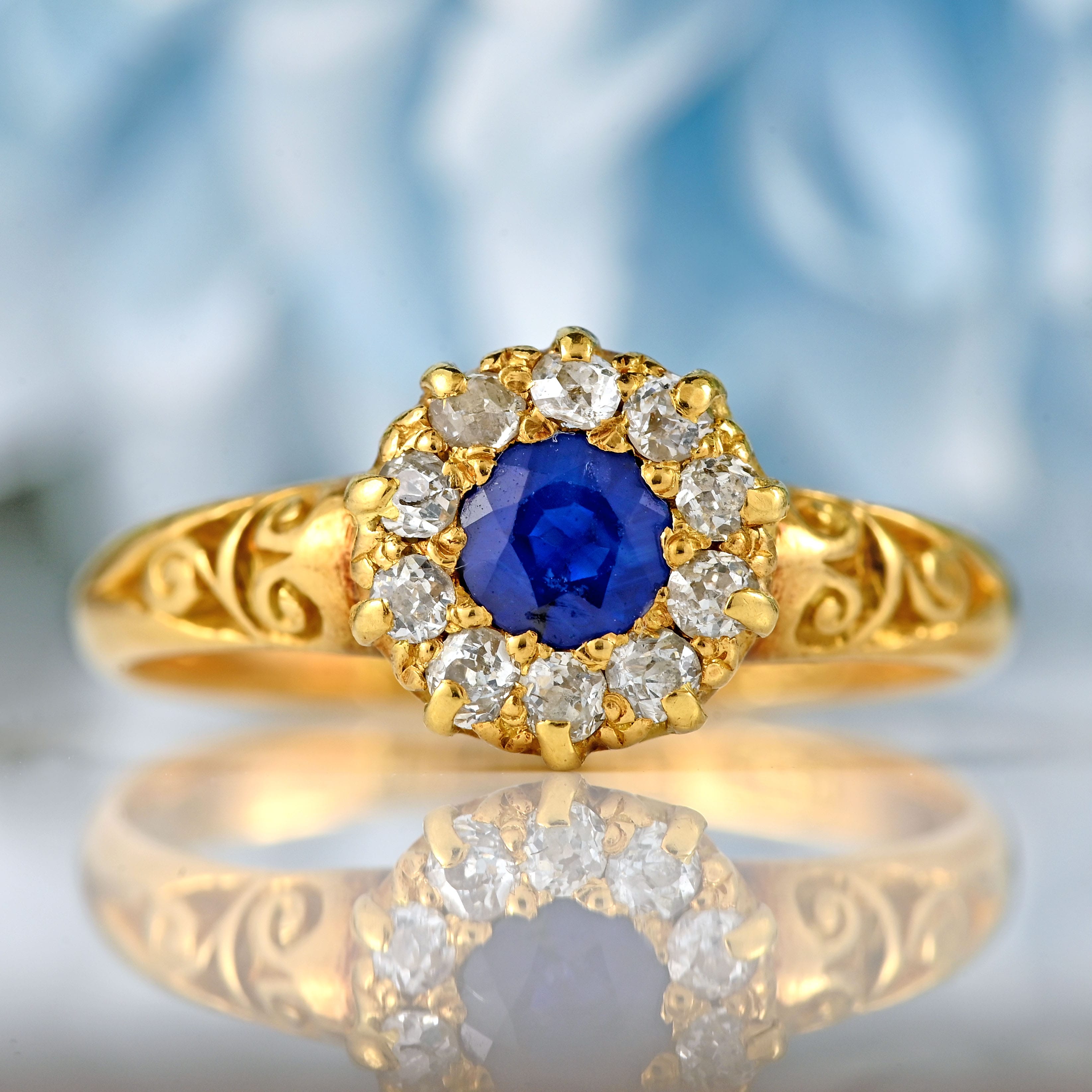 Ellibelle Jewellery Edwardian Sapphire & Old-Mine-Cut Diamond 18ct Gold Cluster Ring