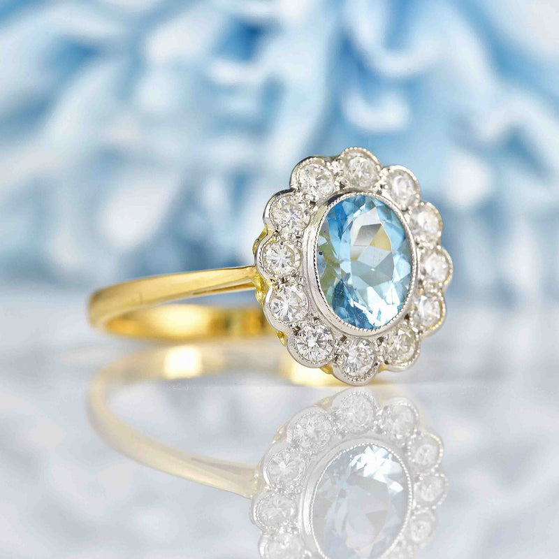 Ellibelle Jewellery Edwardian Style Aquamarine & Diamond 18ct Gold Cluster Ring
