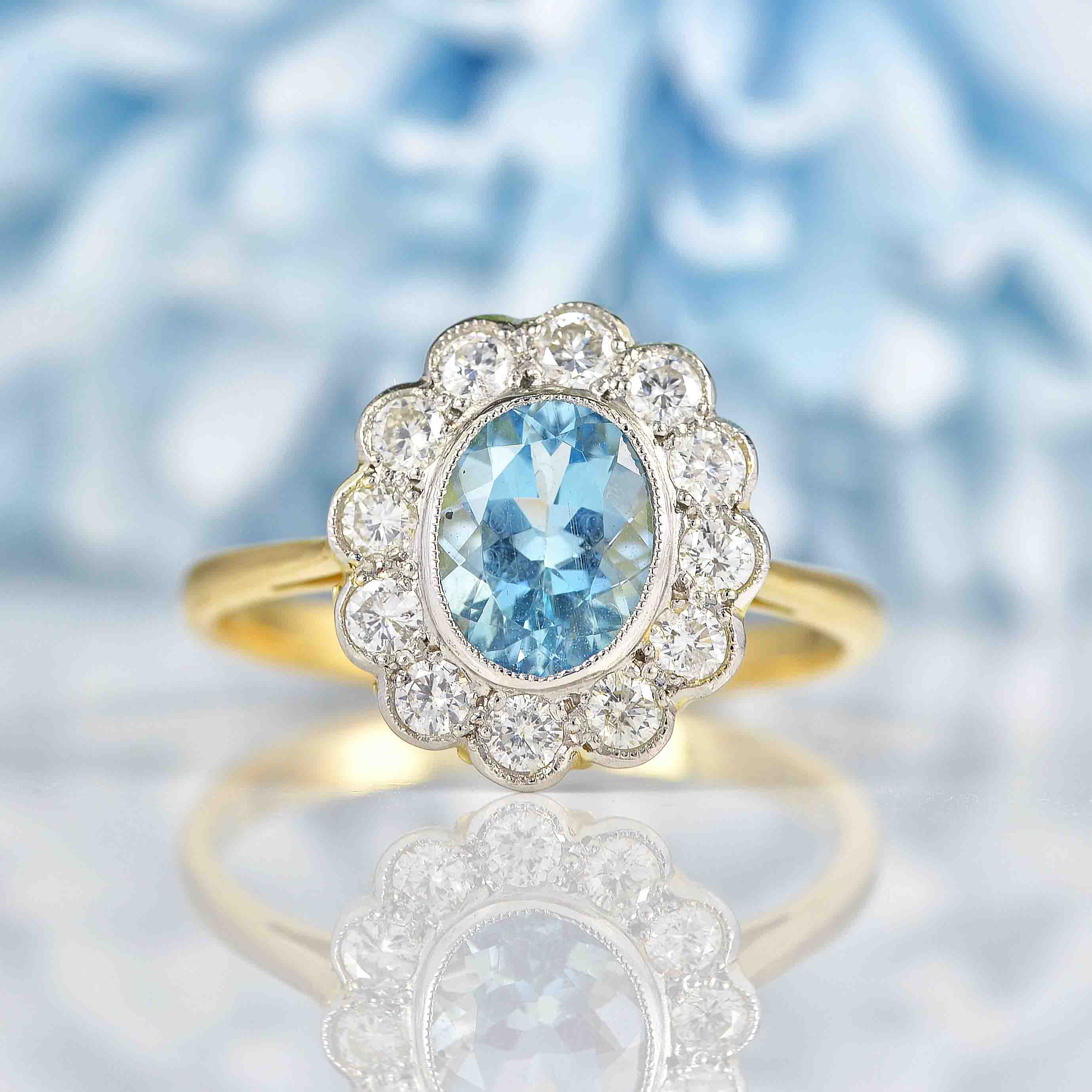 Ellibelle Jewellery Edwardian Style Aquamarine & Diamond 18ct Gold Cluster Ring