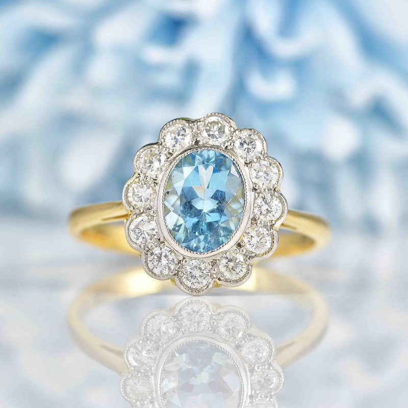 Ellibelle Jewellery Edwardian Style Aquamarine & Diamond 18ct Gold Cluster Ring