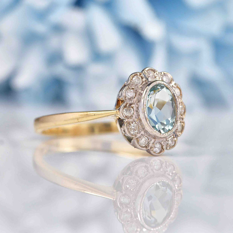 Ellibelle Jewellery Edwardian Style Aquamarine & Diamond Cluster Ring