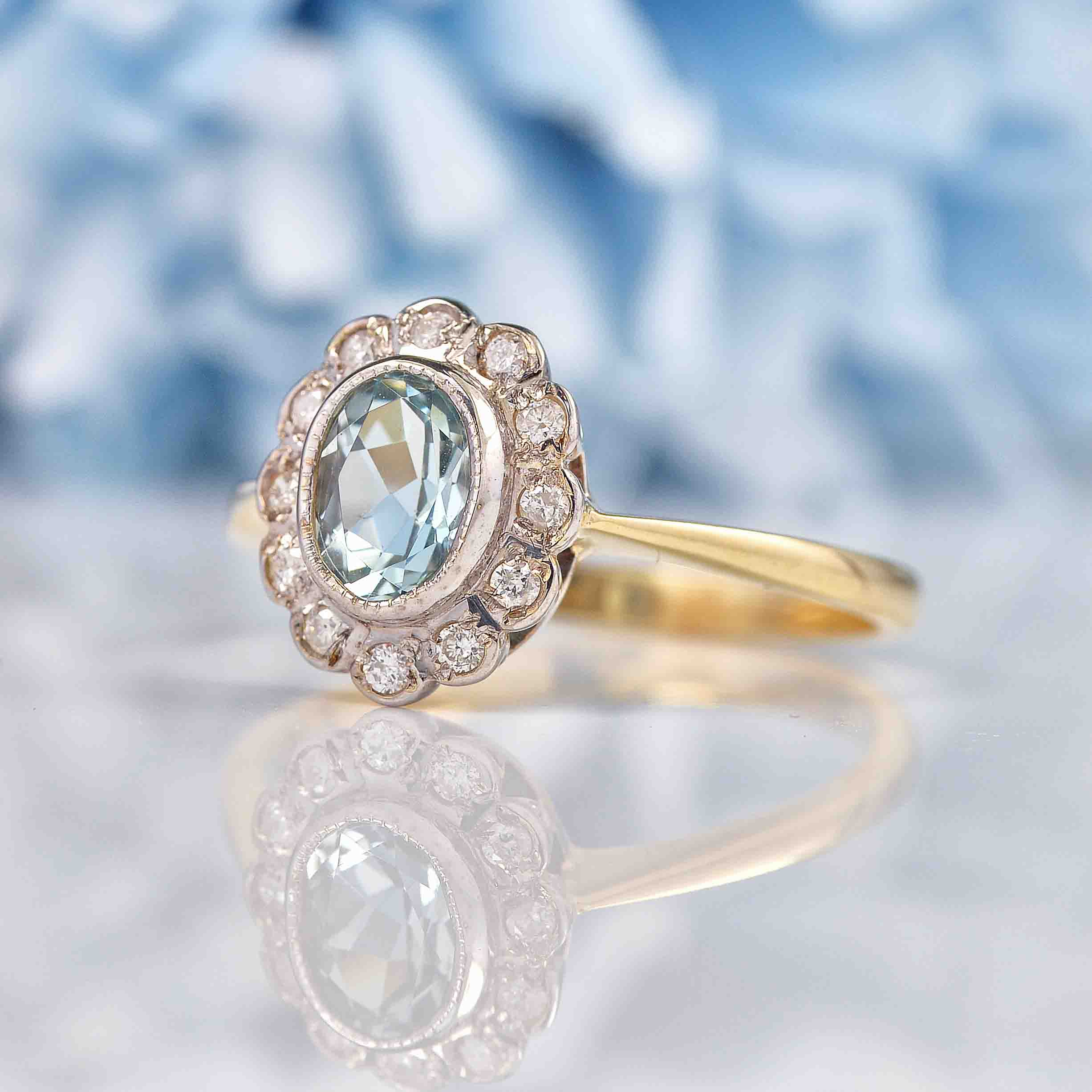 Ellibelle Jewellery Edwardian Style Aquamarine & Diamond Cluster Ring