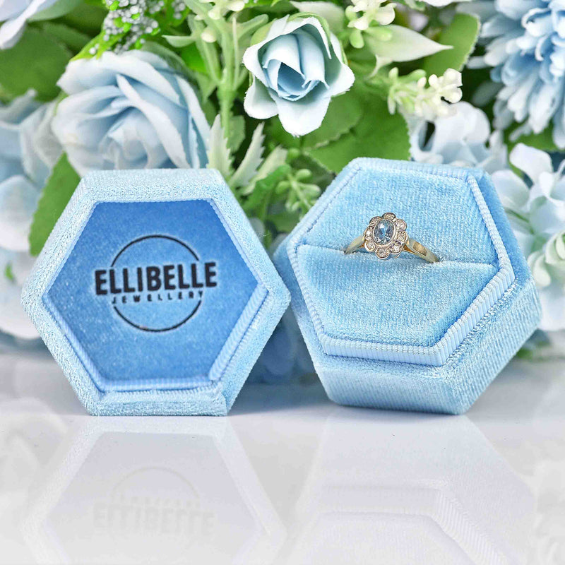 Ellibelle Jewellery Edwardian Style Aquamarine & Diamond Daisy Cluster Ring