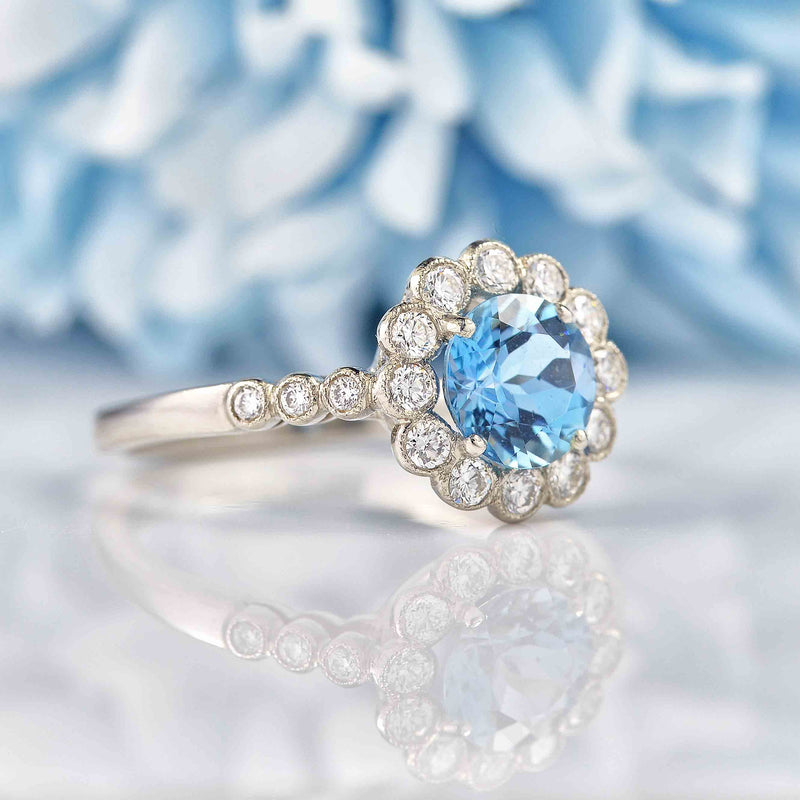 Ellibelle Jewellery Edwardian Style Aquamarine & Diamond Platinum Halo Ring