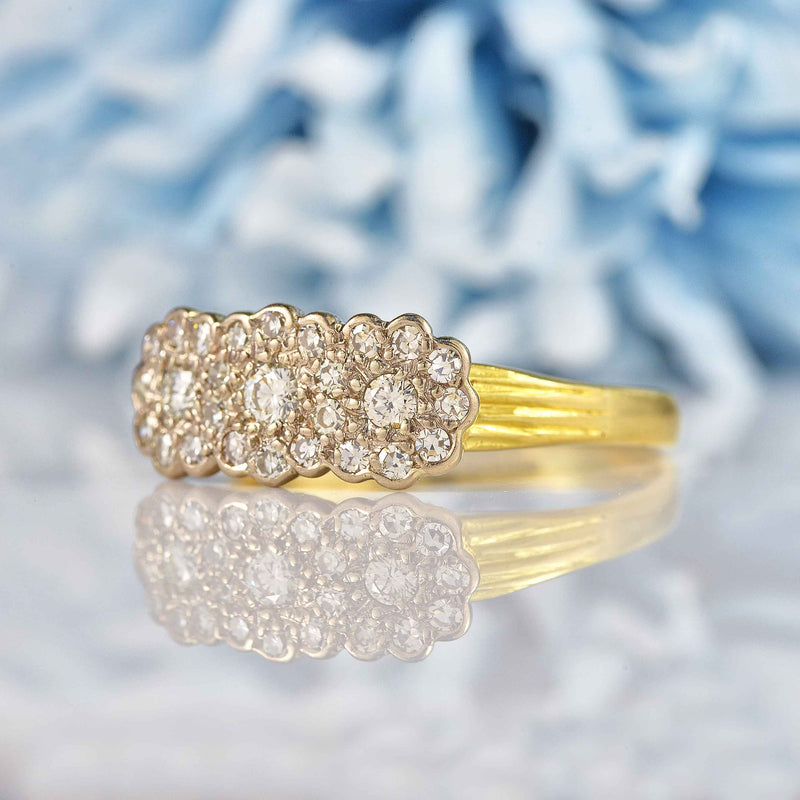 Ellibelle Jewellery Edwardian Style Diamond 18ct Gold Triple Daisy Cluster Ring