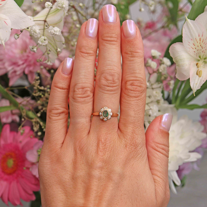 Ellibelle Jewellery Edwardian Style Emerald & Diamond Daisy Cluster Ring