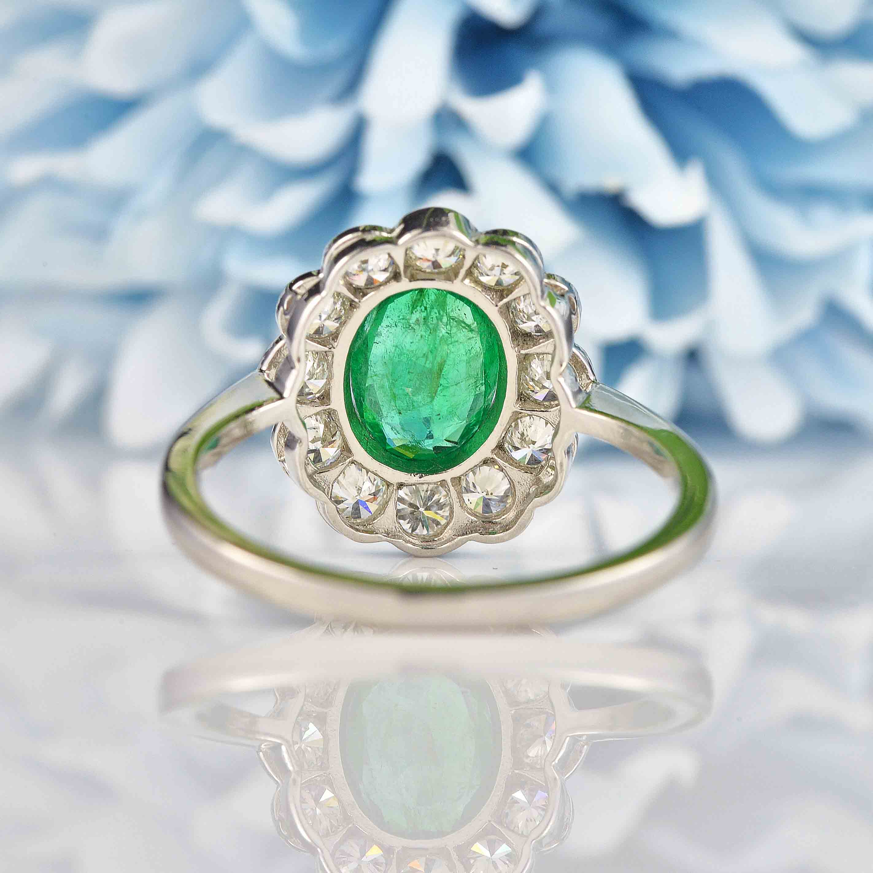 Ellibelle Jewellery Edwardian Style Emerald & Diamond Platinum Cluster Engagement Ring