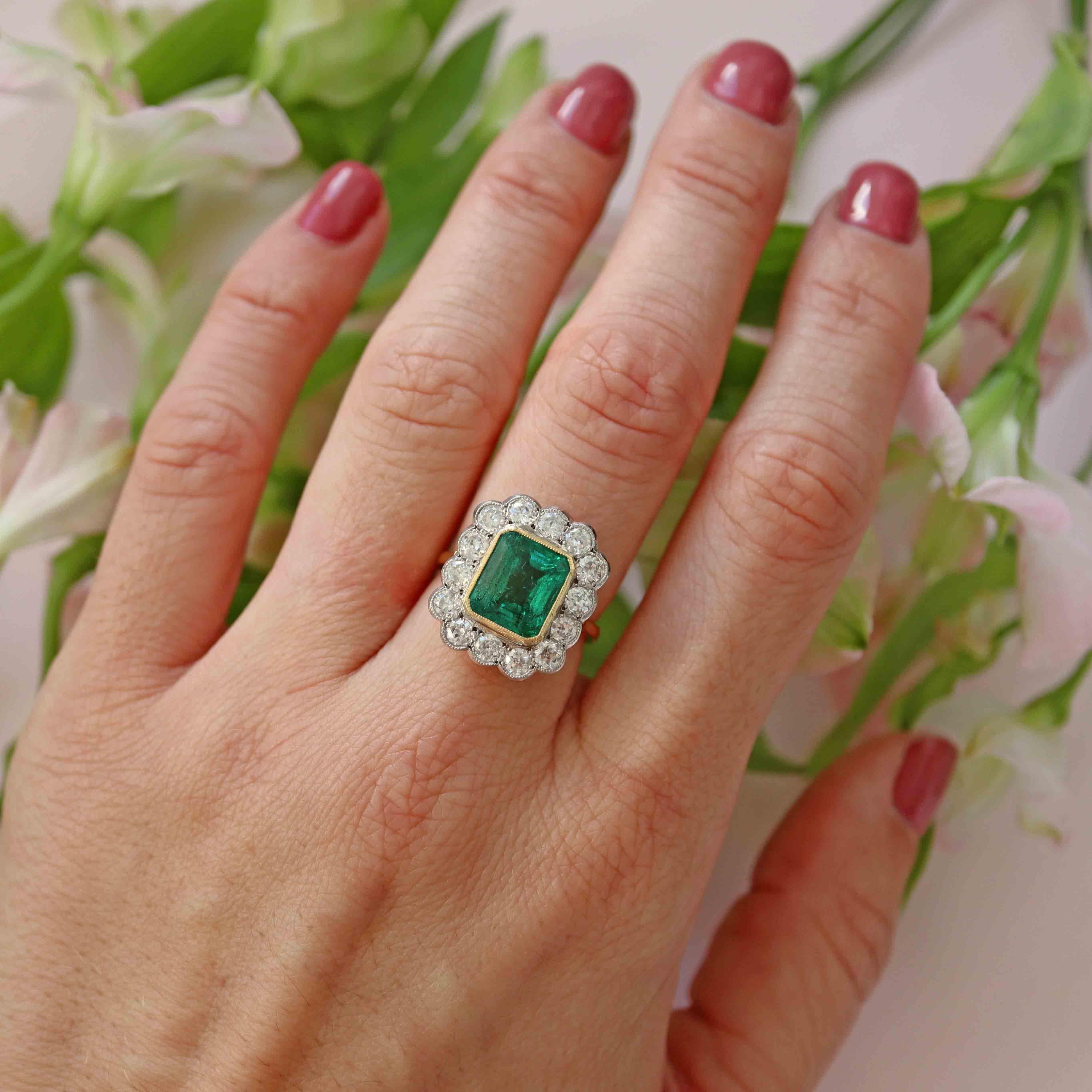 Ellibelle Jewellery Edwardian Style Natural Emerald & Diamond 18ct Gold Engagement Ring