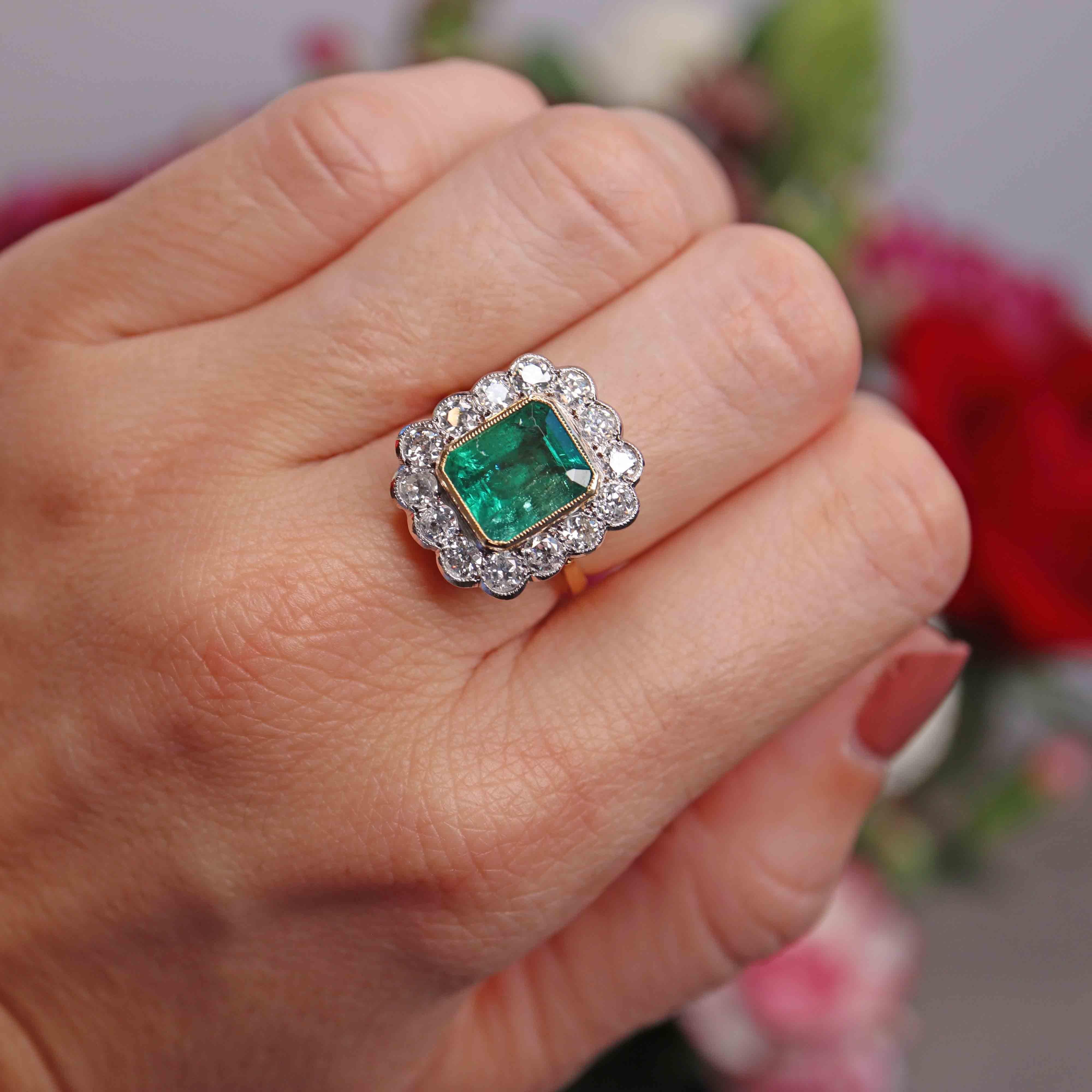 Ellibelle Jewellery Edwardian Style Natural Emerald & Diamond 18ct Gold Engagement Ring