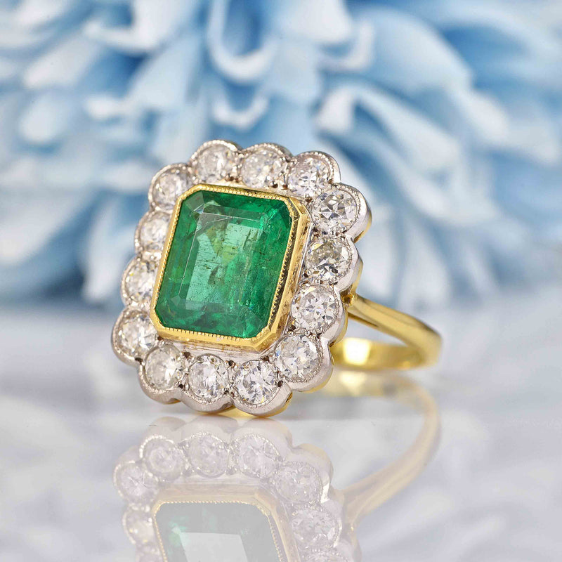 Ellibelle Jewellery Edwardian Style Natural Emerald & Diamond 18ct Gold Engagement Ring