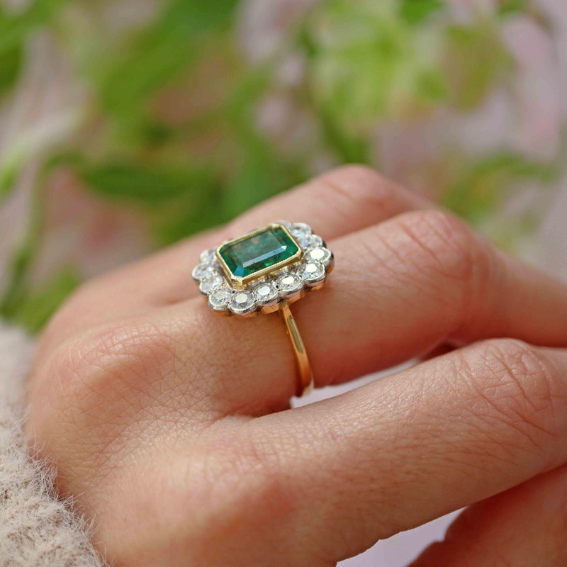 Ellibelle Jewellery Edwardian Style Natural Emerald & Diamond 18ct Gold Engagement Ring