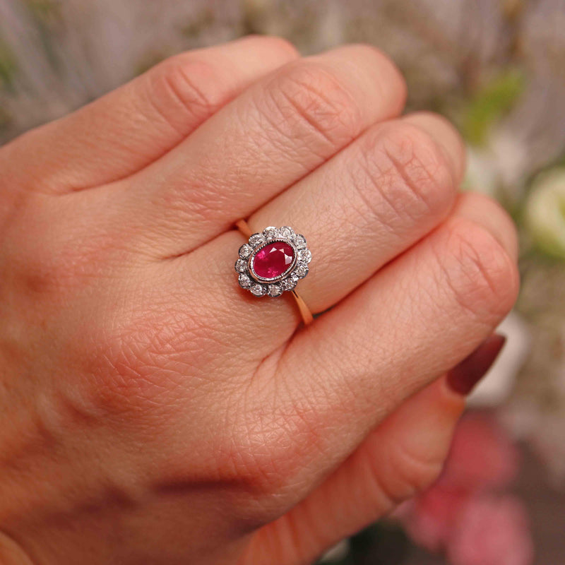 Ellibelle Jewellery Edwardian Style Natural Ruby & Diamond Cluster Ring