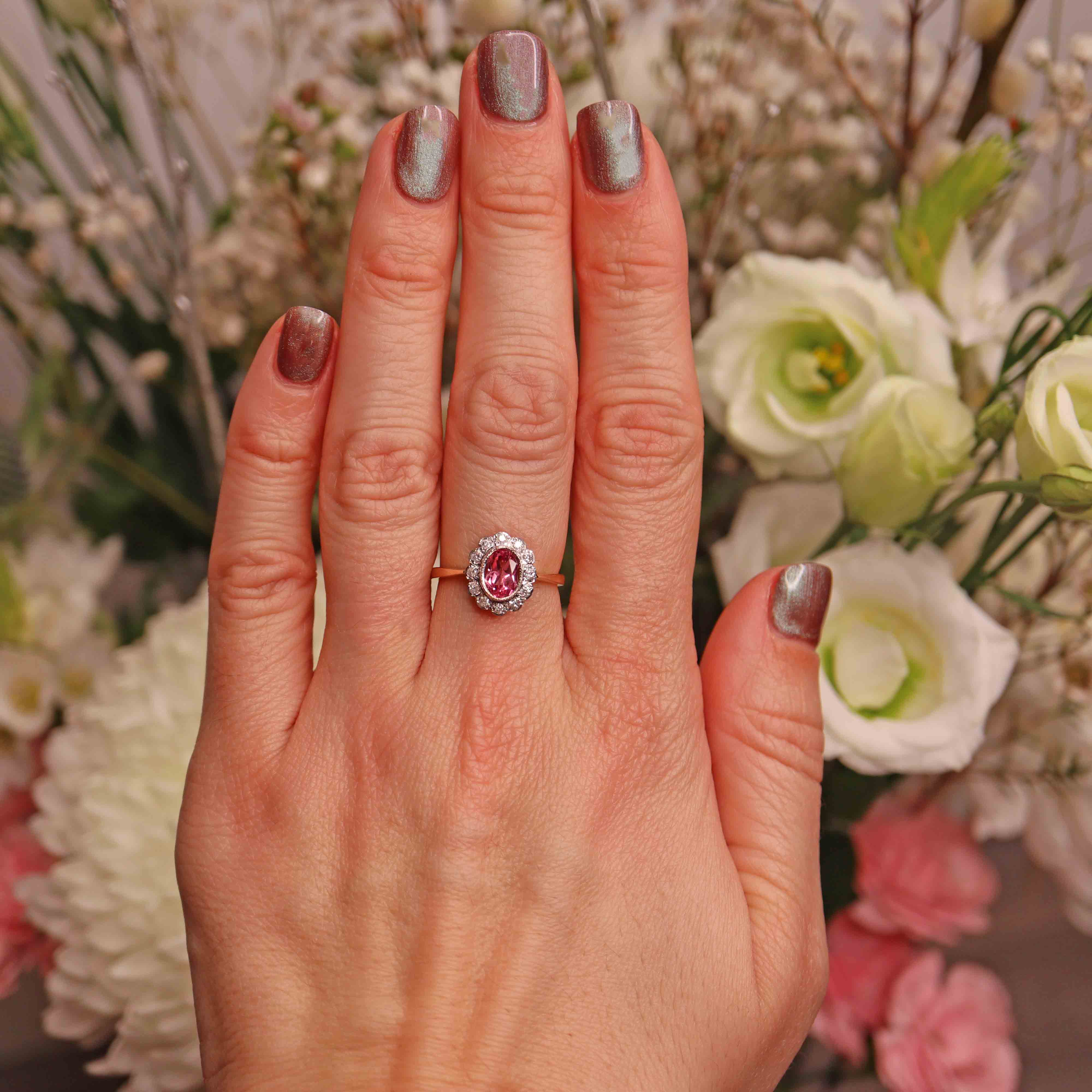 Ellibelle Jewellery Edwardian Style Pink Topaz & Diamond Cluster Ring