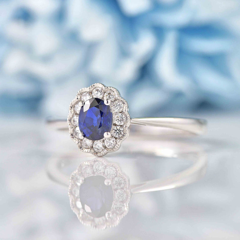 Ellibelle Jewellery Edwardian Style Sapphire & Diamond 18ct White Gold Oval Cluster Ring (0.46ct)