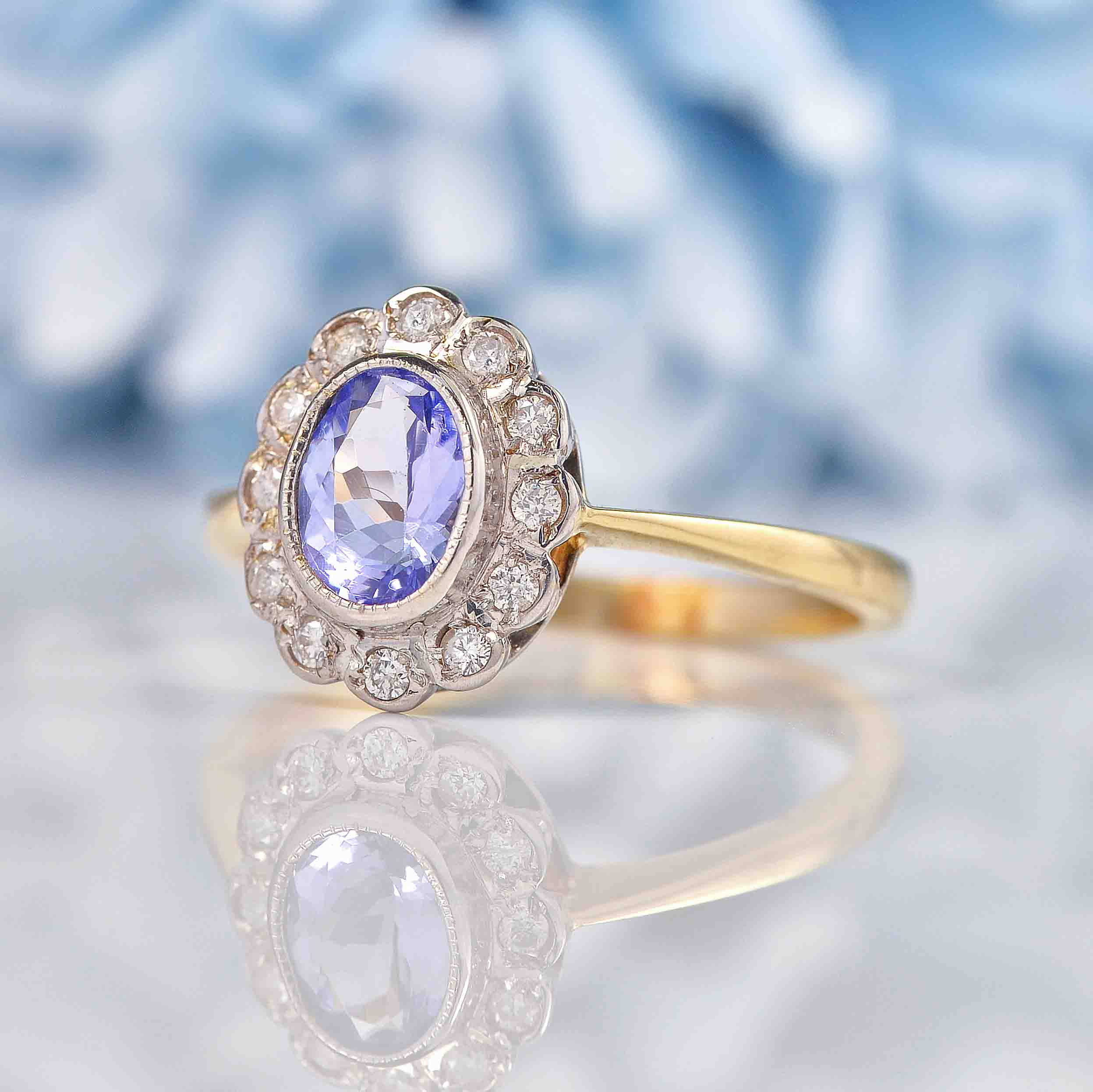 Ellibelle Jewellery Edwardian Style Tanzanite & Diamond Cluster Ring