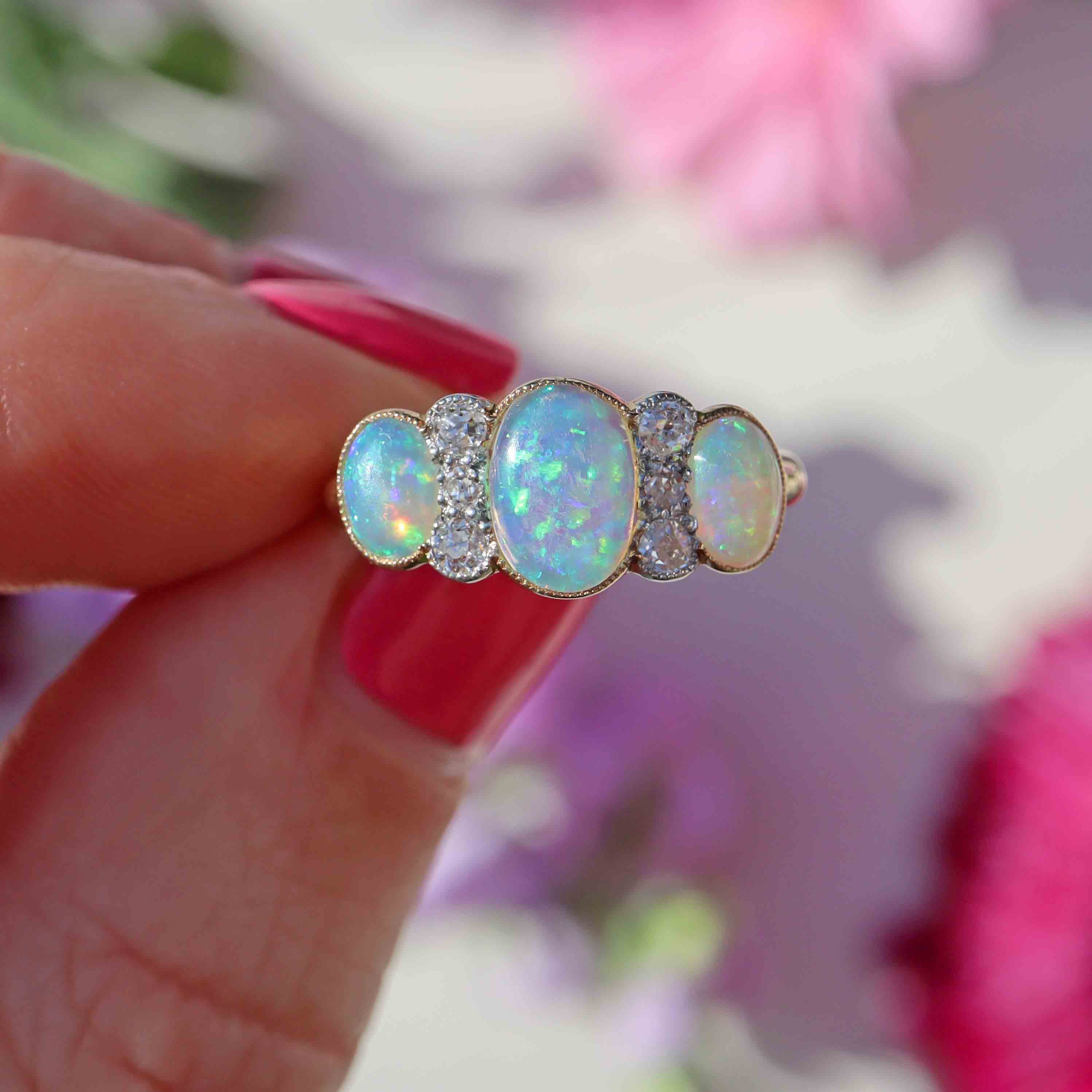 Ellibelle Jewellery Edwardian Three-Stone Opal & Old-Cut Diamond 18ct Gold Ring