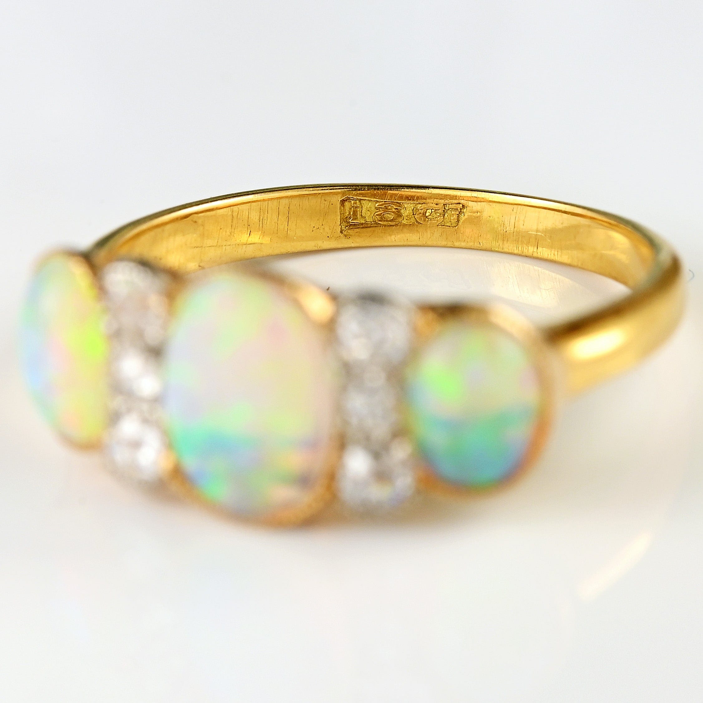 Ellibelle Jewellery Edwardian Three-Stone Opal & Old-Cut Diamond 18ct Gold Ring