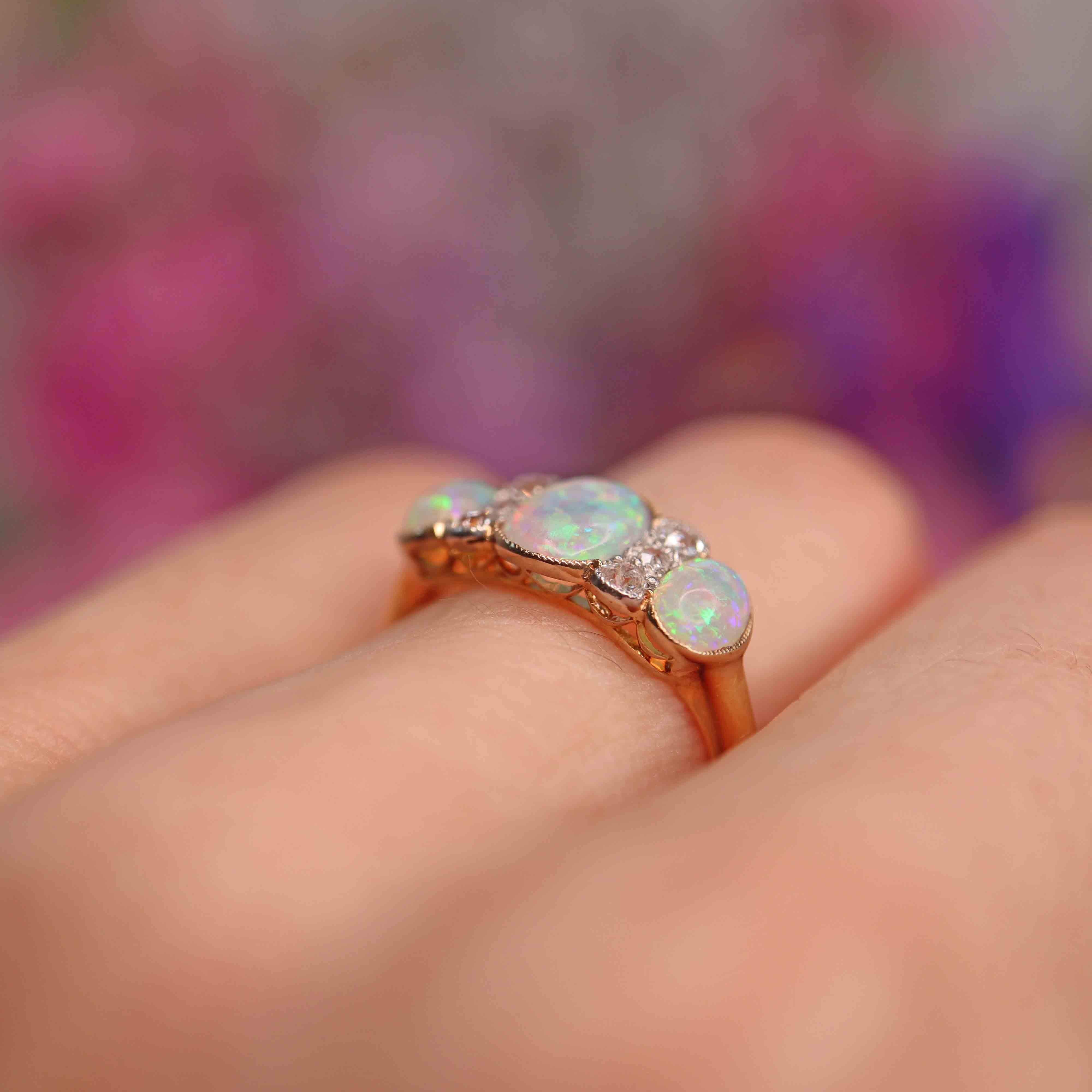 Ellibelle Jewellery Edwardian Three-Stone Opal & Old-Cut Diamond 18ct Gold Ring