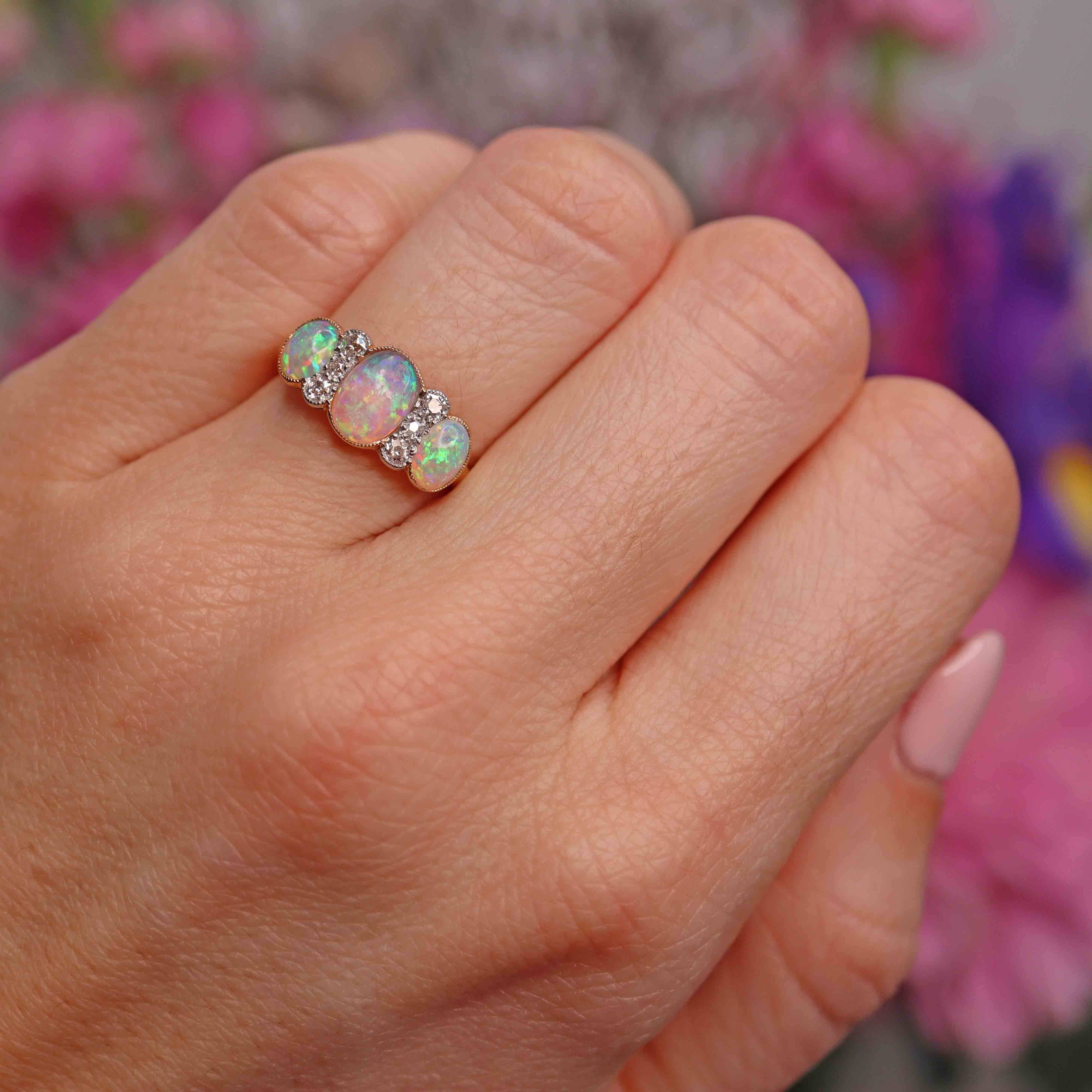 Ellibelle Jewellery Edwardian Three-Stone Opal & Old-Cut Diamond 18ct Gold Ring